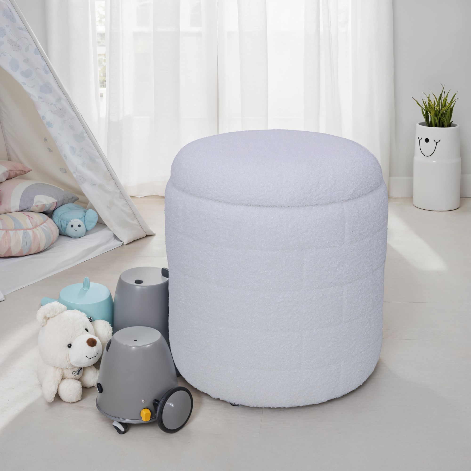 FineBuy Sitzhocker mit Stauraum 40x40x45 cm, Runder Stoffhocker Weiß mit abnehmbarem Deckel, Aufbewahrungshocker gepolstert, Moderner Beistellhocker für Wohnzimmer | Farbe: Weiß