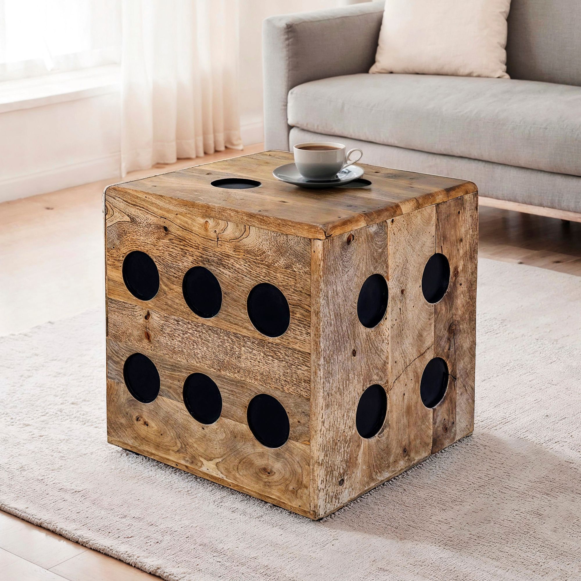 FineBuy Würfelhocker Mango Massivholz 41x41x41 cm, Design Sitzwürfel & Beistelltisch in Würfelform, Holzwürfel Deko & Couchtisch, Robuster Holzhocker im XXL Spielwürfel-Design | Farbe: Braun