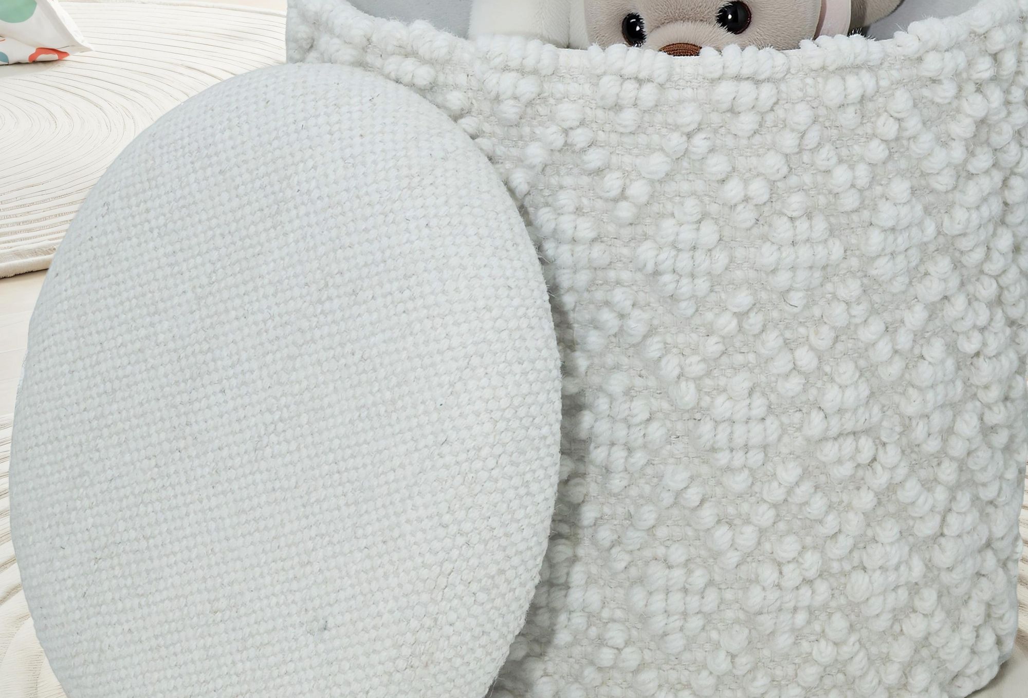 FineBuy Runder Hocker aus Wolle mit Stauraum, Boho Sitzhocker Ø 40 cm x H 45 cm, Abnehmbare Sitzfläche, Dekohocker & Fußhocker in Weiß, Beistellhocker Wohnzimmer Schlafzimmer Flur | Farbe: Weiß