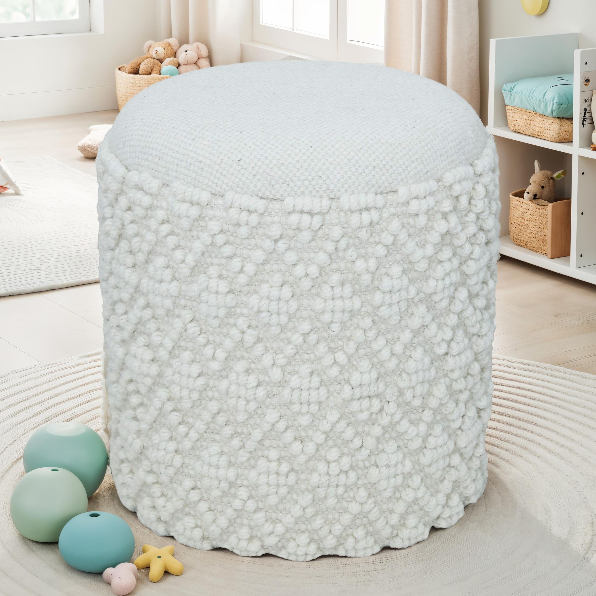 FineBuy Runder Hocker aus Wolle mit Stauraum, Boho Sitzhocker Ø 40 cm x H 45 cm, Abnehmbare Sitzfläche, Dekohocker & Fußhocker in Weiß, Beistellhocker Wohnzimmer Schlafzimmer Flur | Farbe: Weiß