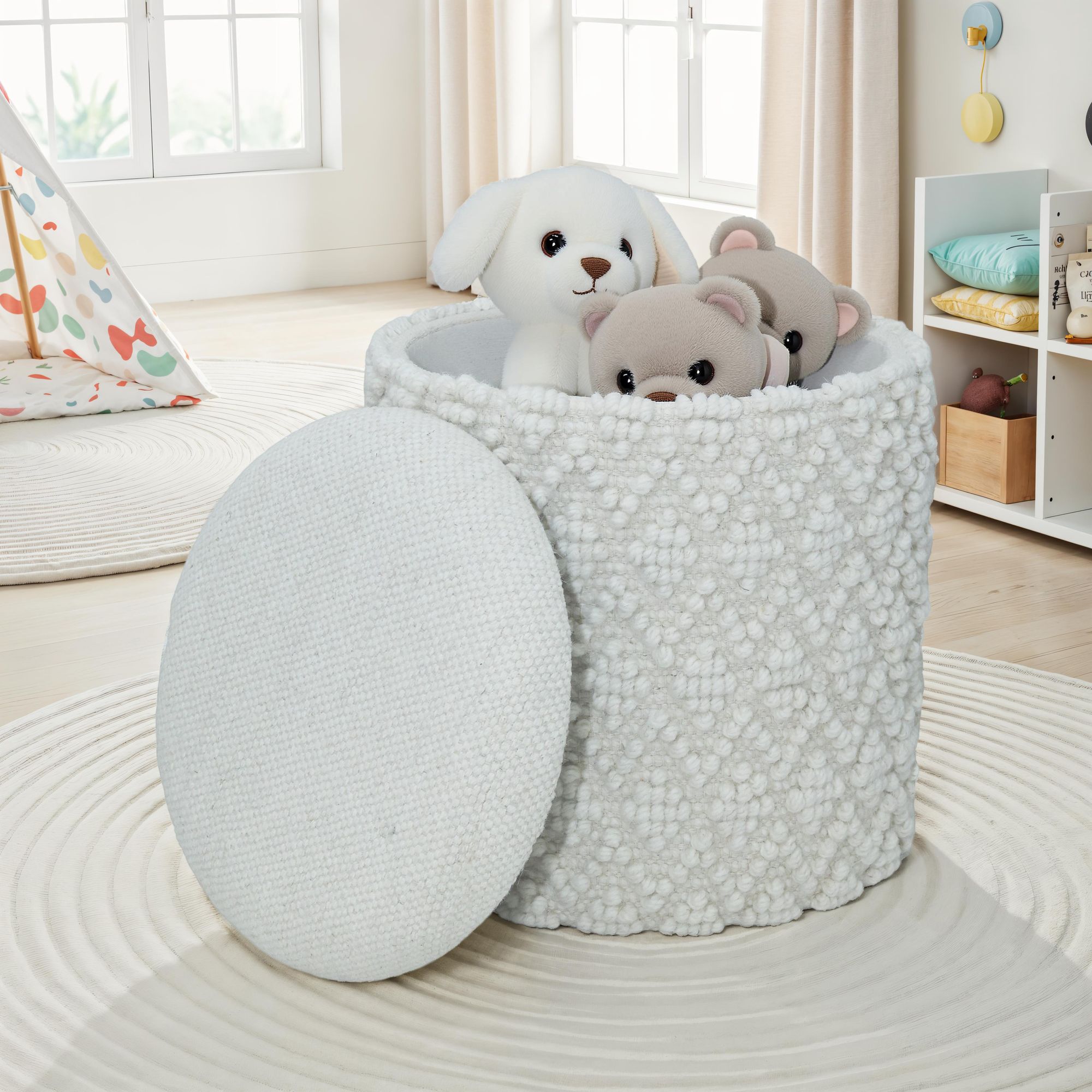 FineBuy Runder Hocker aus Wolle mit Stauraum, Boho Sitzhocker Ø 40 cm x H 45 cm, Abnehmbare Sitzfläche, Dekohocker & Fußhocker in Weiß, Beistellhocker Wohnzimmer Schlafzimmer Flur | Farbe: Weiß