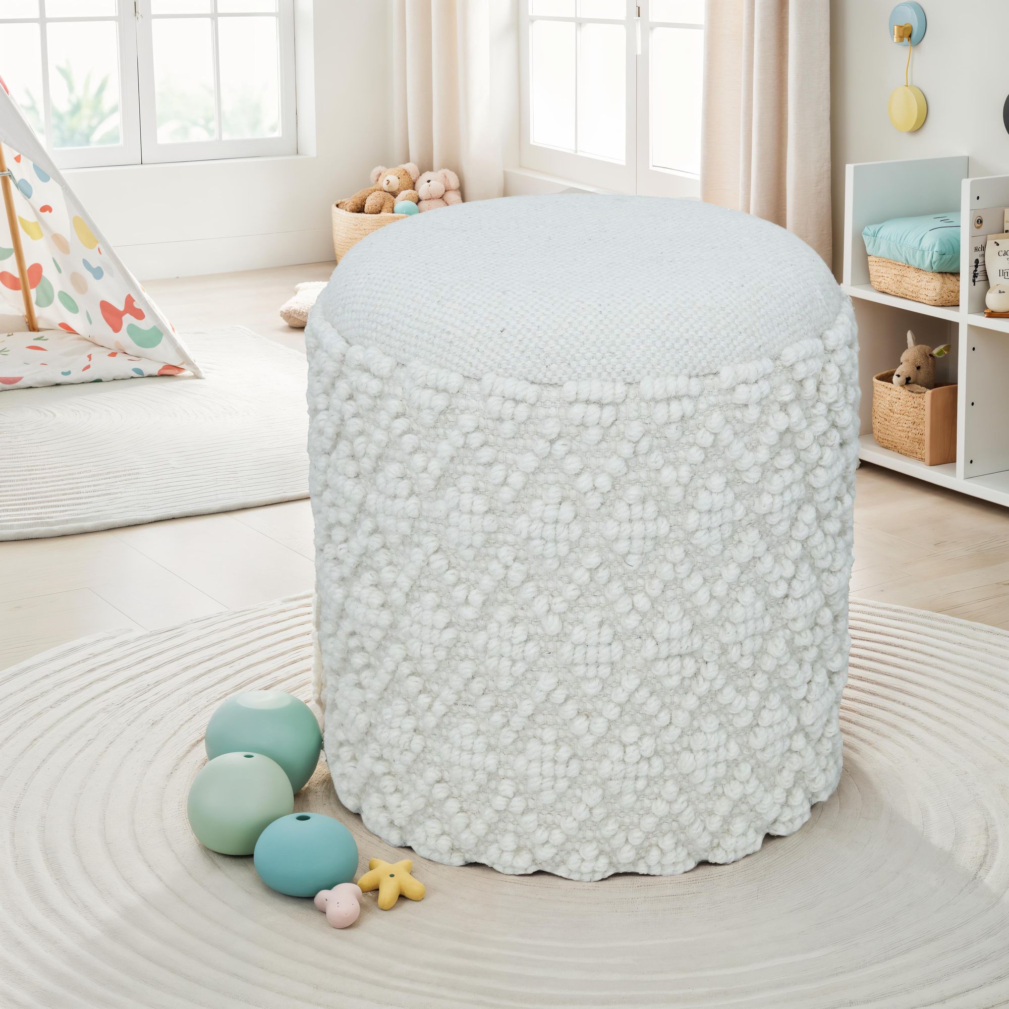 FineBuy Runder Hocker aus Wolle mit Stauraum, Boho Sitzhocker Ø 40 cm x H 45 cm, Abnehmbare Sitzfläche, Dekohocker & Fußhocker in Weiß, Beistellhocker Wohnzimmer Schlafzimmer Flur | Farbe: Weiß