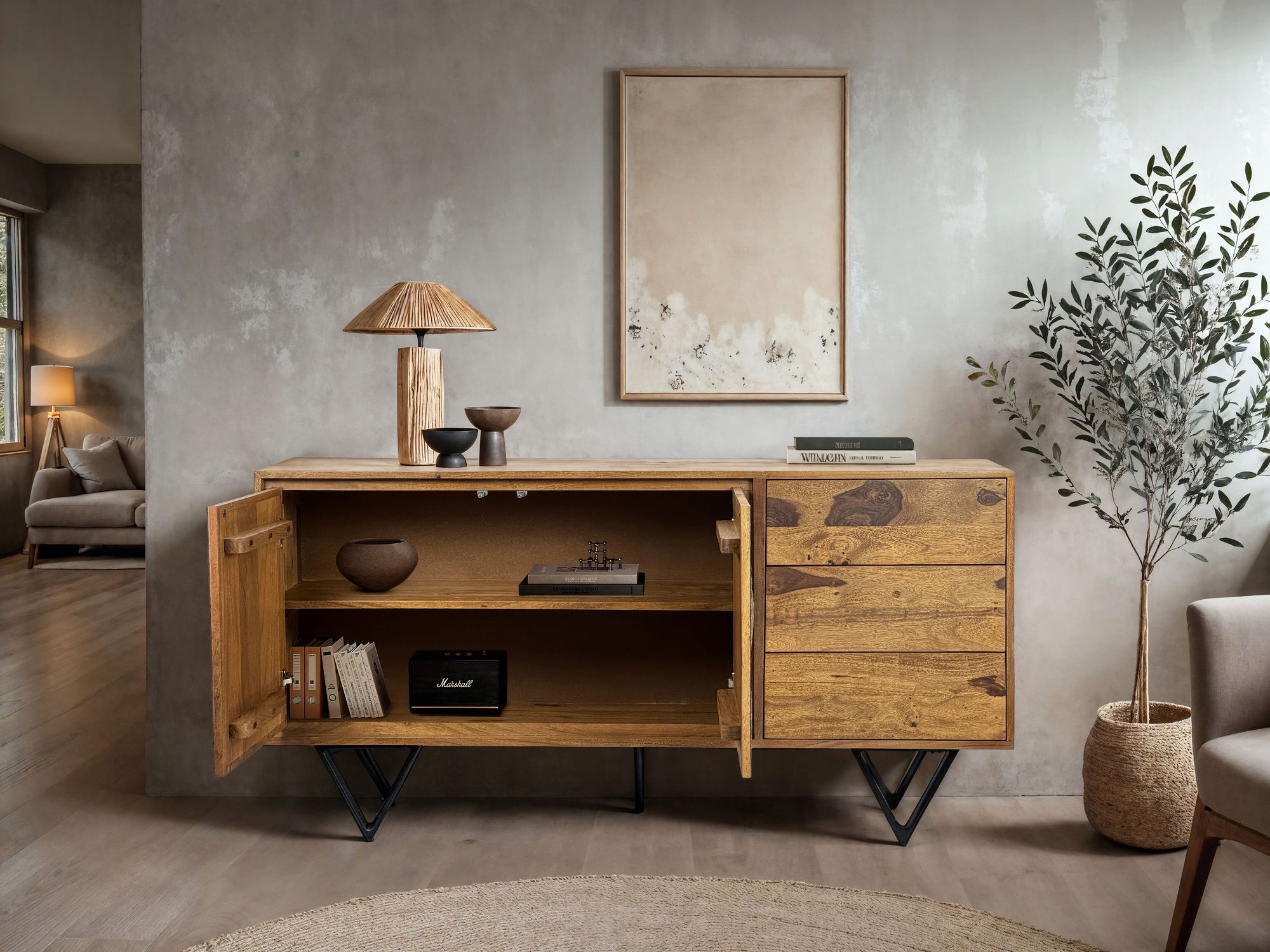 FineBuy Sideboard Sheesham Massivholz 150x40x55 cm, Kommode mit 2 Türen & 3 Schubladen, Stauraum Anrichte mit Fronten in 3D Steinoptik, Design Möbel Wohnzimmer Esszimmer | Farbe: Braun