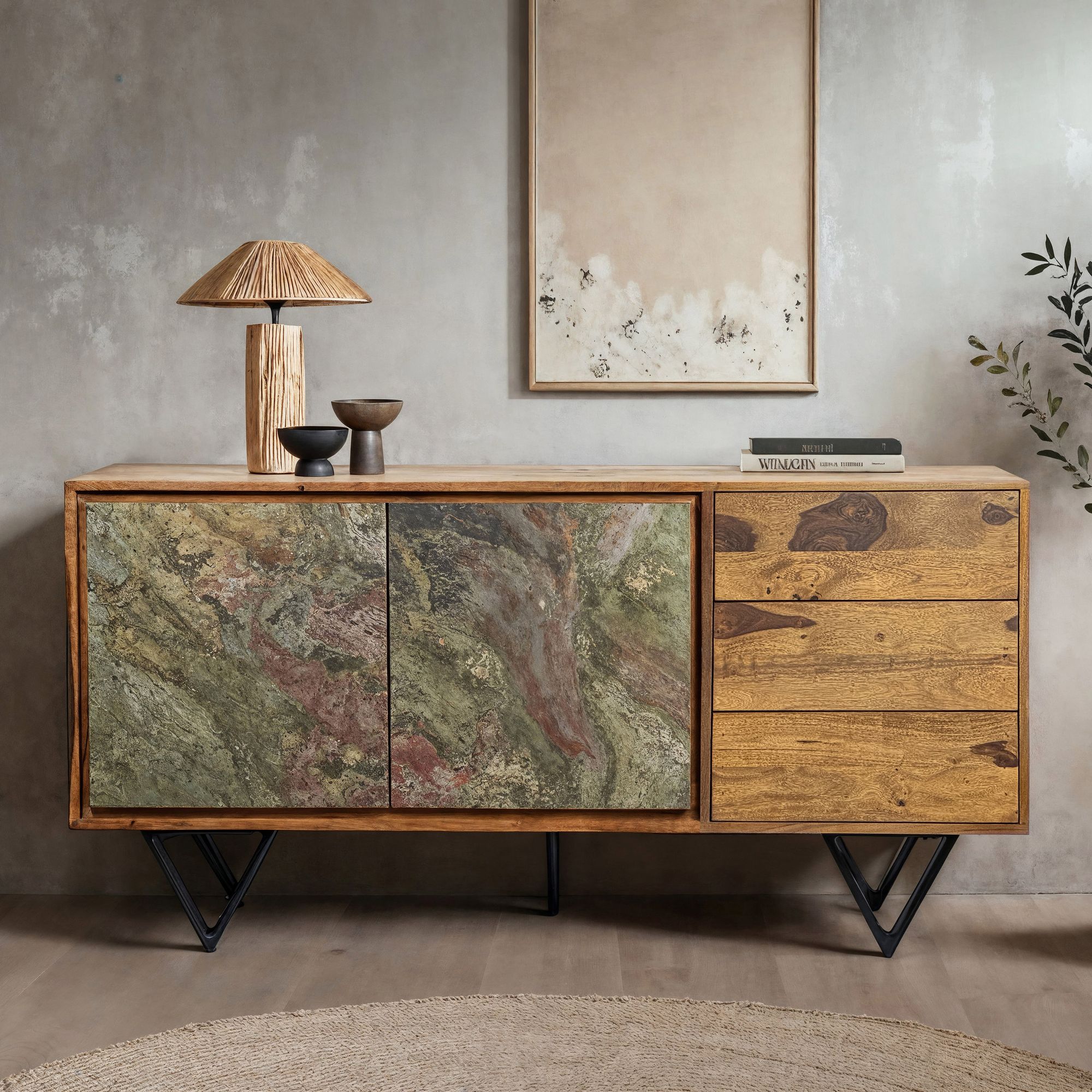 FineBuy Sideboard Sheesham Massivholz 150x40x55 cm, Kommode mit 2 Türen & 3 Schubladen, Stauraum Anrichte mit Fronten in 3D Steinoptik, Design Möbel Wohnzimmer Esszimmer | Farbe: Braun