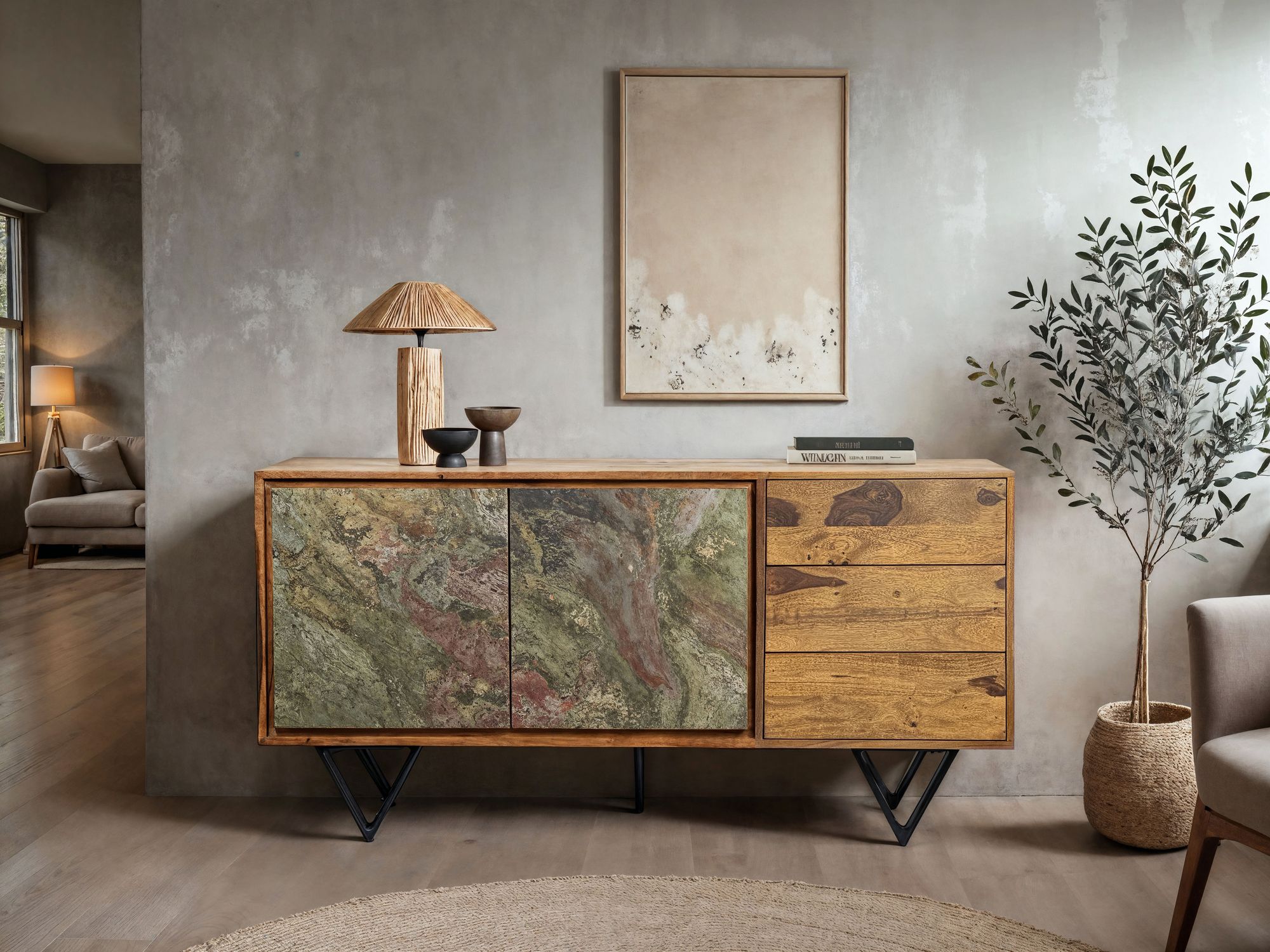 FineBuy Sideboard Sheesham Massivholz 150x40x55 cm, Kommode mit 2 Türen & 3 Schubladen, Stauraum Anrichte mit Fronten in 3D Steinoptik, Design Möbel Wohnzimmer Esszimmer | Farbe: Braun