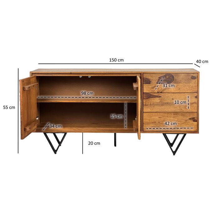 Sideboard FineBuy Kommode Sheesham Massivholz 150 cm Türen Steinoptik Schubladen – Maßzeichnung