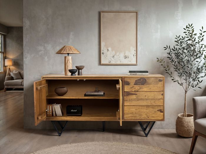 FineBuy Sideboard Sheesham Massivholz 150x40x55 cm, Kommode mit 2 Türen & 3 Schubladen, Stauraum Anrichte mit Fronten in 3D Steinoptik, Design Möbel Wohnzimmer Esszimmer