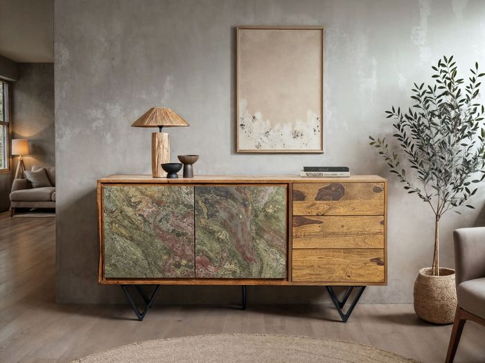 FineBuy Sideboard Sheesham Massivholz 150x40x55 cm, Kommode mit 2 Türen & 3 Schubladen, Stauraum Anrichte mit Fronten in 3D Steinoptik, Design Möbel Wohnzimmer Esszimmer