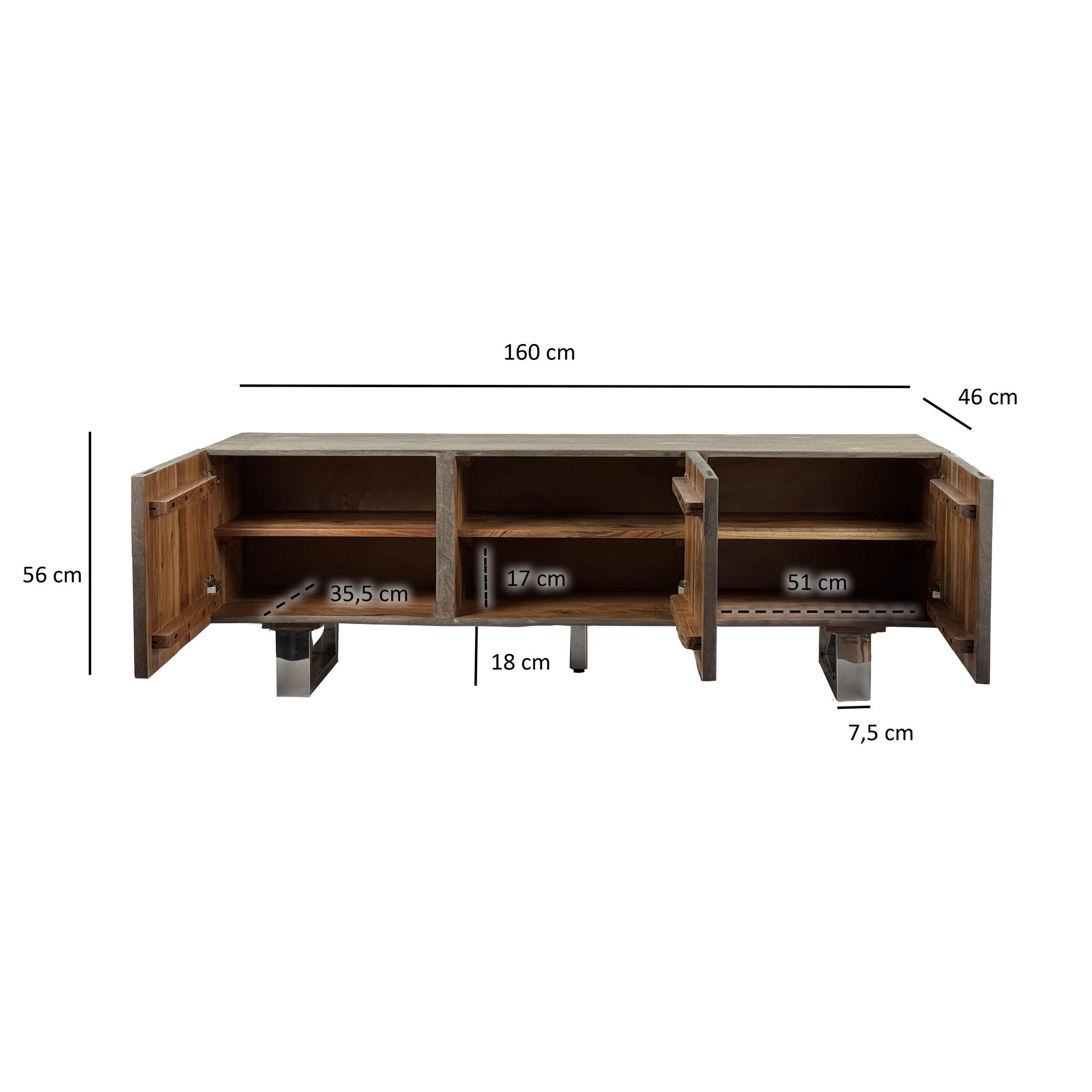 FineBuy Lowboard Akazie Massivholz Smoked Grey 160x56x46 cm TV-Kommode mit drei Türen, Design TV-Schrank Hoch, Fernsehtisch Fernsehschrank Grau Modern, Fernsehkommode Wohnzimmer mit Metallbeine | Farbe: Grau