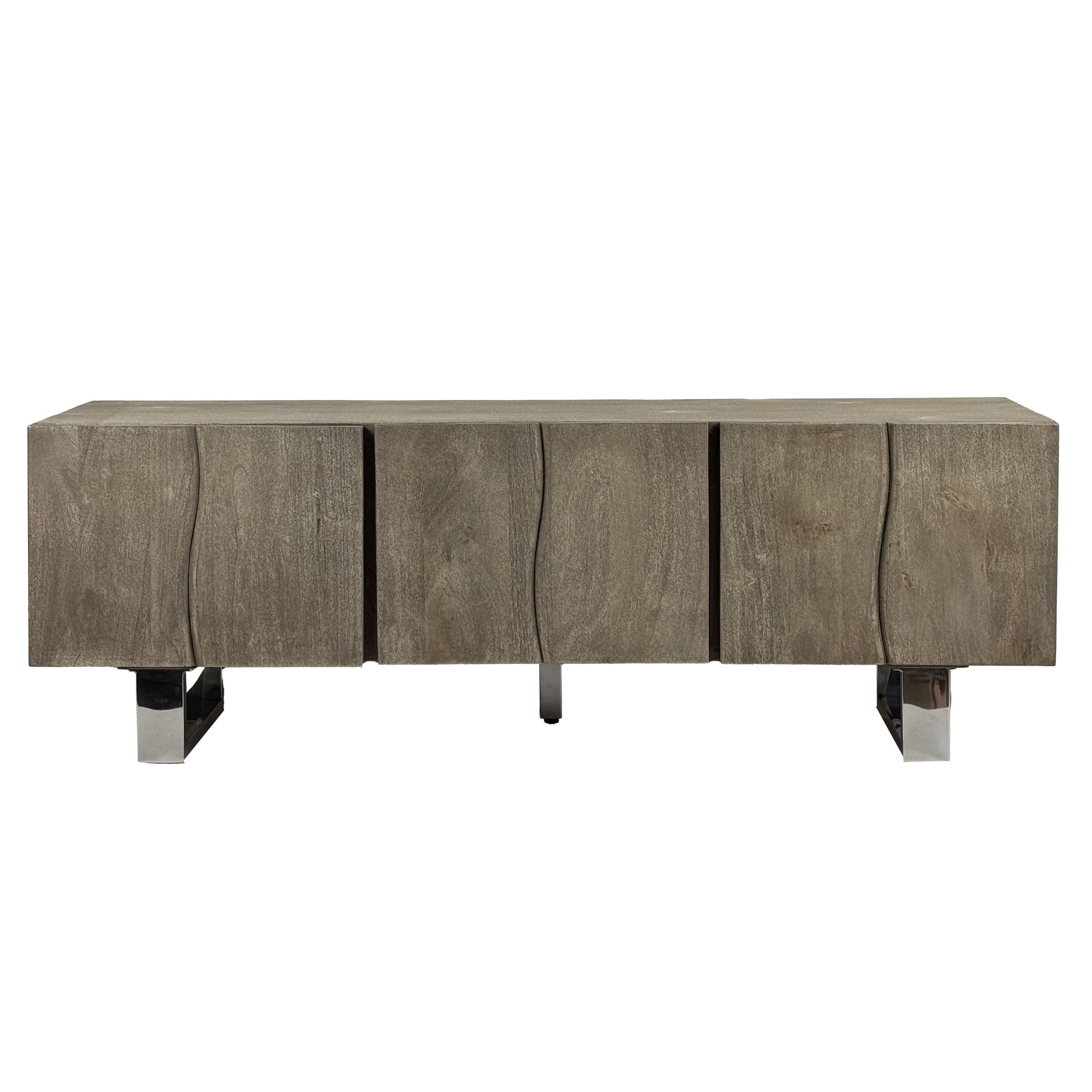 FineBuy Lowboard Akazie Massivholz Smoked Grey 160x56x46 cm TV-Kommode mit drei Türen, Design TV-Schrank Hoch, Fernsehtisch Fernsehschrank Grau Modern, Fernsehkommode Wohnzimmer mit Metallbeine | Farbe: Grau