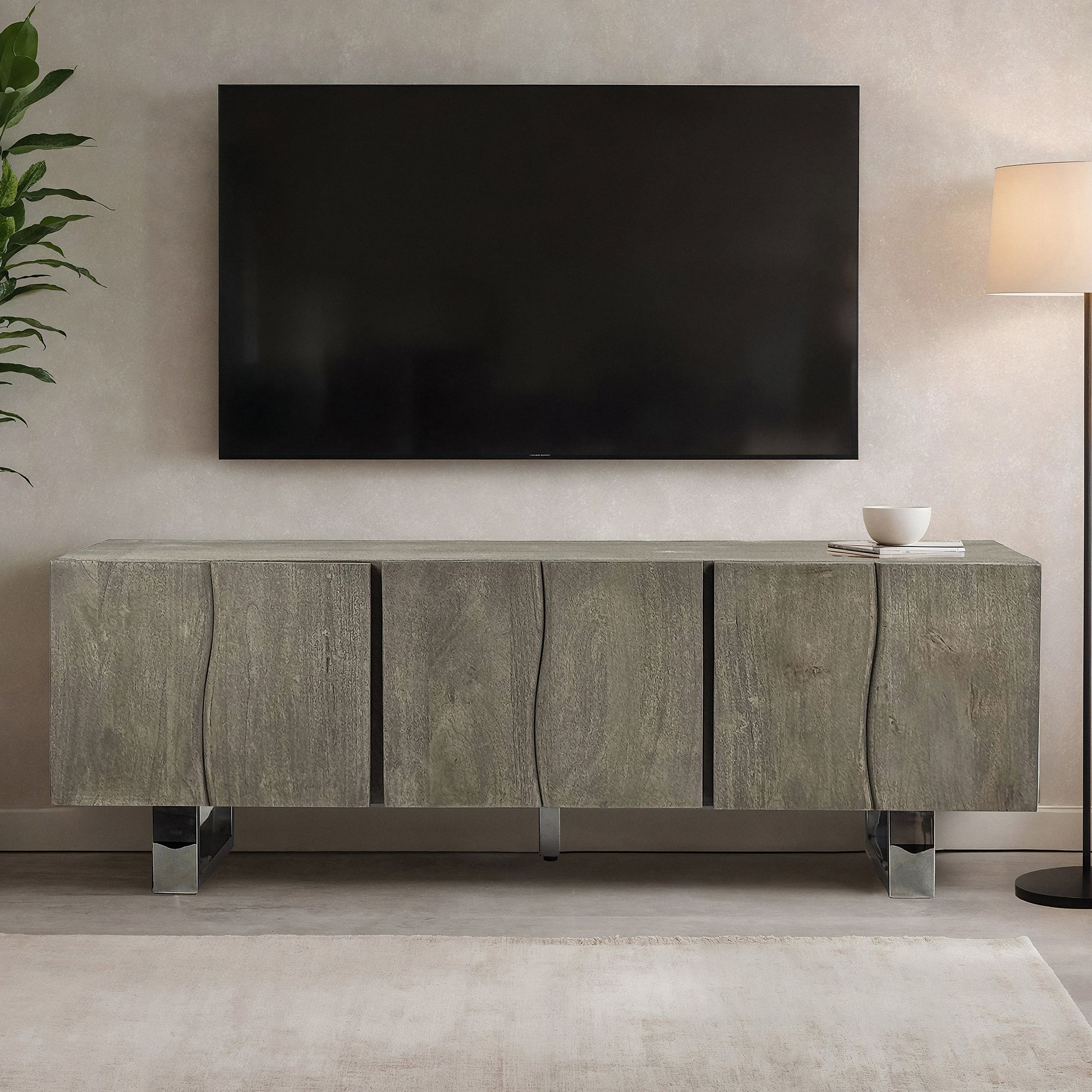 FineBuy Lowboard Akazie Massivholz Smoked Grey 160x56x46 cm TV-Kommode mit drei Türen, Design TV-Schrank Hoch, Fernsehtisch Fernsehschrank Grau Modern, Fernsehkommode Wohnzimmer mit Metallbeine | Farbe: Grau