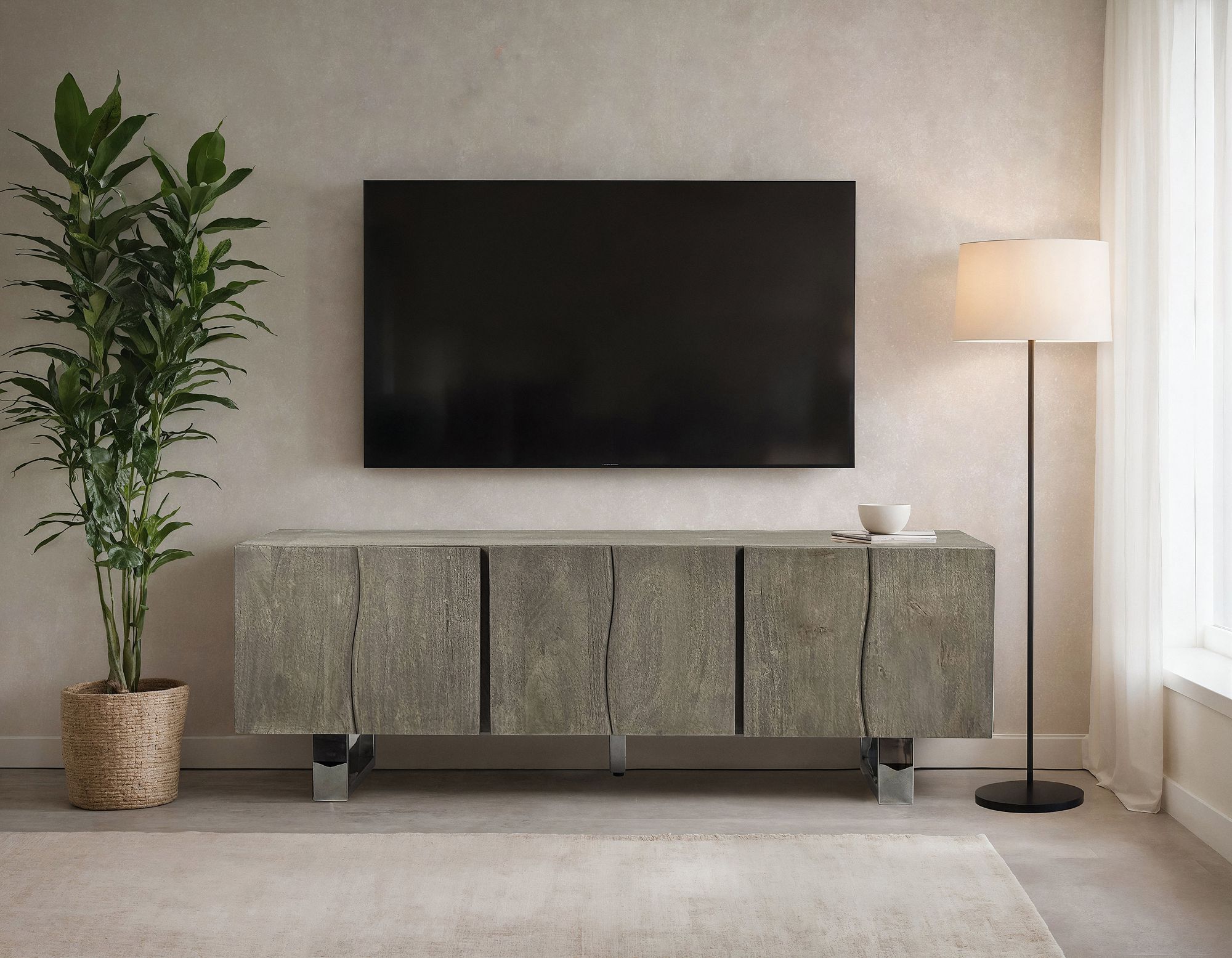 FineBuy Lowboard Akazie Massivholz Smoked Grey 160x56x46 cm TV-Kommode mit drei Türen, Design TV-Schrank Hoch, Fernsehtisch Fernsehschrank Grau Modern, Fernsehkommode Wohnzimmer mit Metallbeine | Farbe: Grau