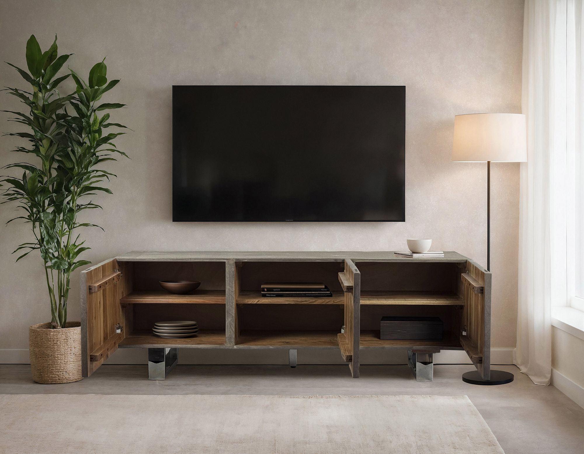 FineBuy Lowboard Akazie Massivholz Smoked Grey 160x56x46 cm TV-Kommode mit drei Türen, Design TV-Schrank Hoch, Fernsehtisch Fernsehschrank Grau Modern, Fernsehkommode Wohnzimmer mit Metallbeine | Farbe: Grau
