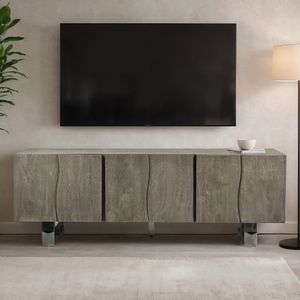 FineBuy Lowboard Akazie Massivholz Smoked Grey 160x56x46 cm TV-Kommode mit drei Türen, Design TV-Schrank Hoch, Fernsehtisch Fernsehschrank Grau Modern, Fernsehkommode Wohnzimmer mit Metallbeine
