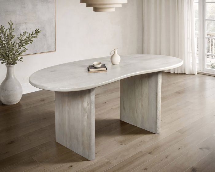 FineBuy Esszimmertisch 180x90x75 cm Mango Massivholz Weiß Esstisch Retro, Küchentisch Massiv Nierenform, Holztisch Esszimmer, Großer Speisetisch Holz