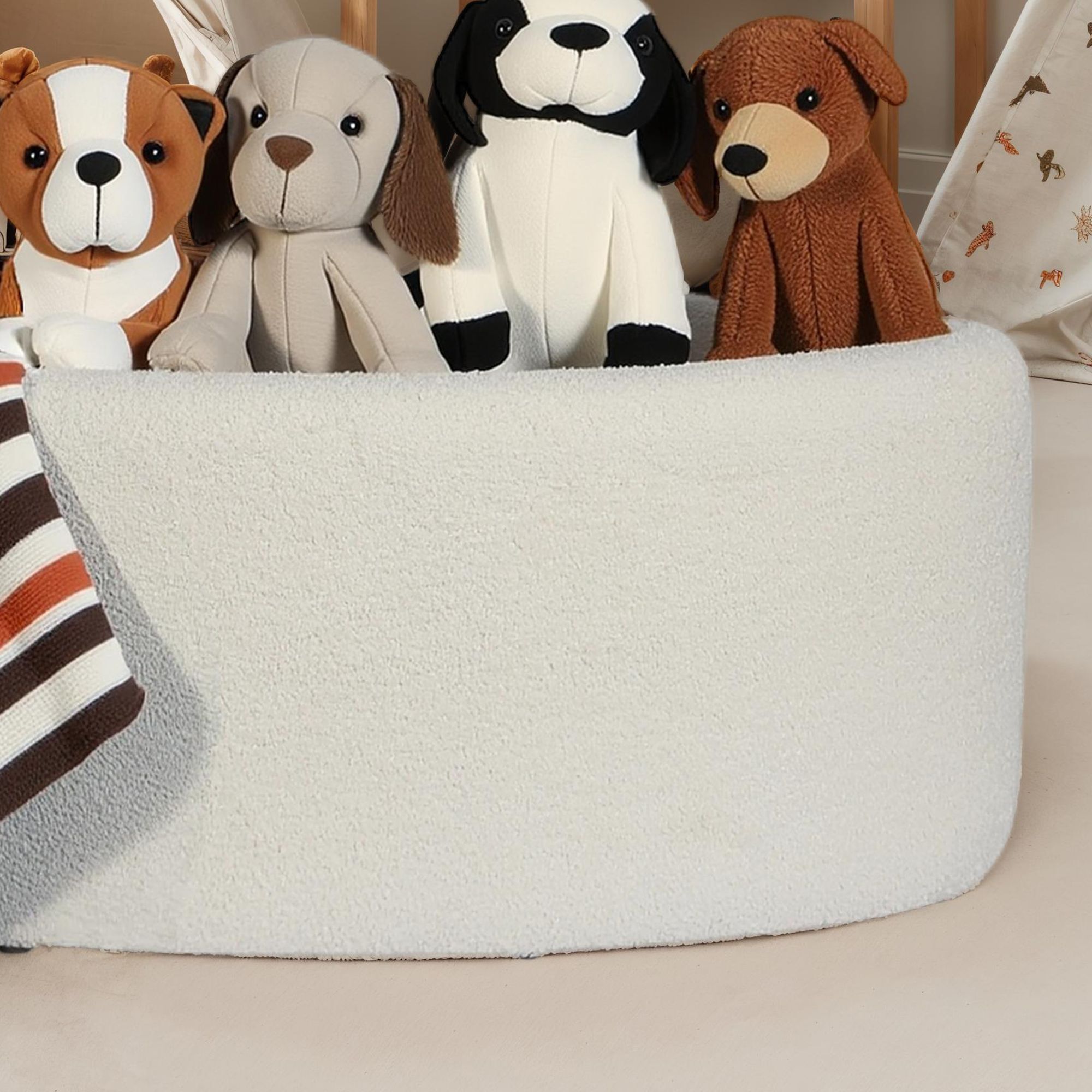 FineBuy Sitzhocker mit Stauraum Stoff oval 81 cm, abnehmbarer Deckel, Polsterhocker modern in Creme, Aufbewahrungshocker gepolstert für Wohnzimmer Schlafzimmer Flur | Farbe: Beige