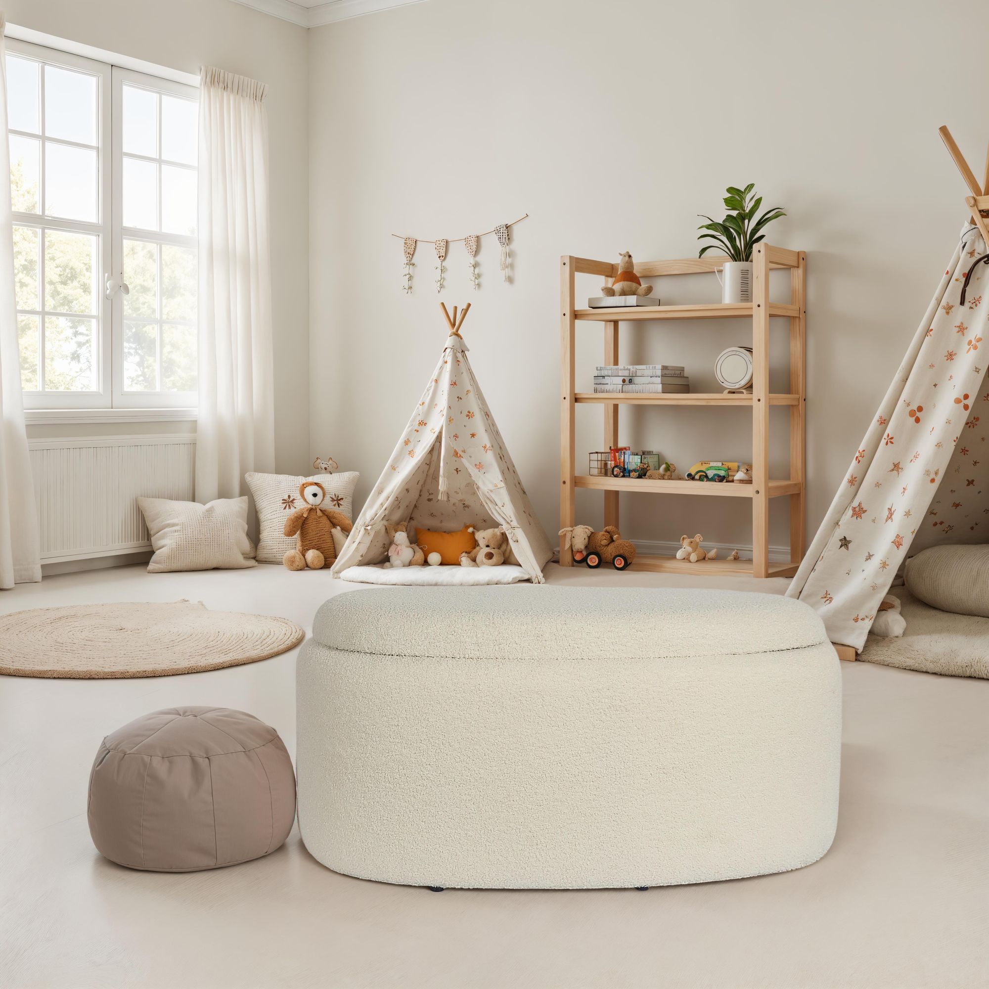 FineBuy Sitzhocker mit Stauraum Stoff oval 81 cm, abnehmbarer Deckel, Polsterhocker modern in Creme, Aufbewahrungshocker gepolstert für Wohnzimmer Schlafzimmer Flur | Farbe: Beige