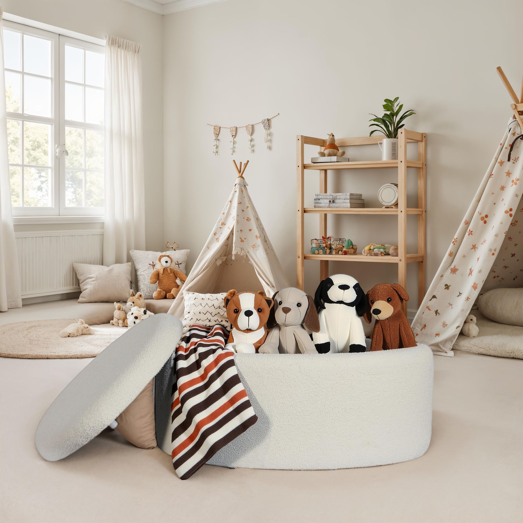 FineBuy Sitzhocker mit Stauraum Stoff oval 81 cm, abnehmbarer Deckel, Polsterhocker modern in Creme, Aufbewahrungshocker gepolstert für Wohnzimmer Schlafzimmer Flur | Farbe: Beige