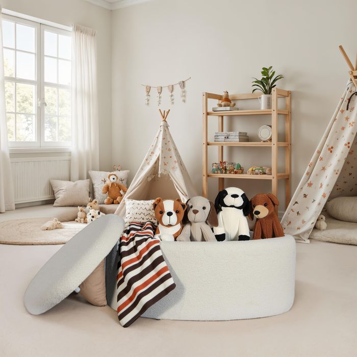 FineBuy Sitzhocker mit Stauraum Stoff oval 81 cm, abnehmbarer Deckel, Polsterhocker modern in Creme, Aufbewahrungshocker gepolstert für Wohnzimmer Schlafzimmer Flur