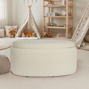 FB111554 FineBuy Sitzhocker mit Stauraum Stoff oval 81 cm, abnehmbarer Deckel, Polsterhocker modern in Creme, Aufbewahrungshocker gepolstert für Wohnzimmer Schlafzimmer Flur
