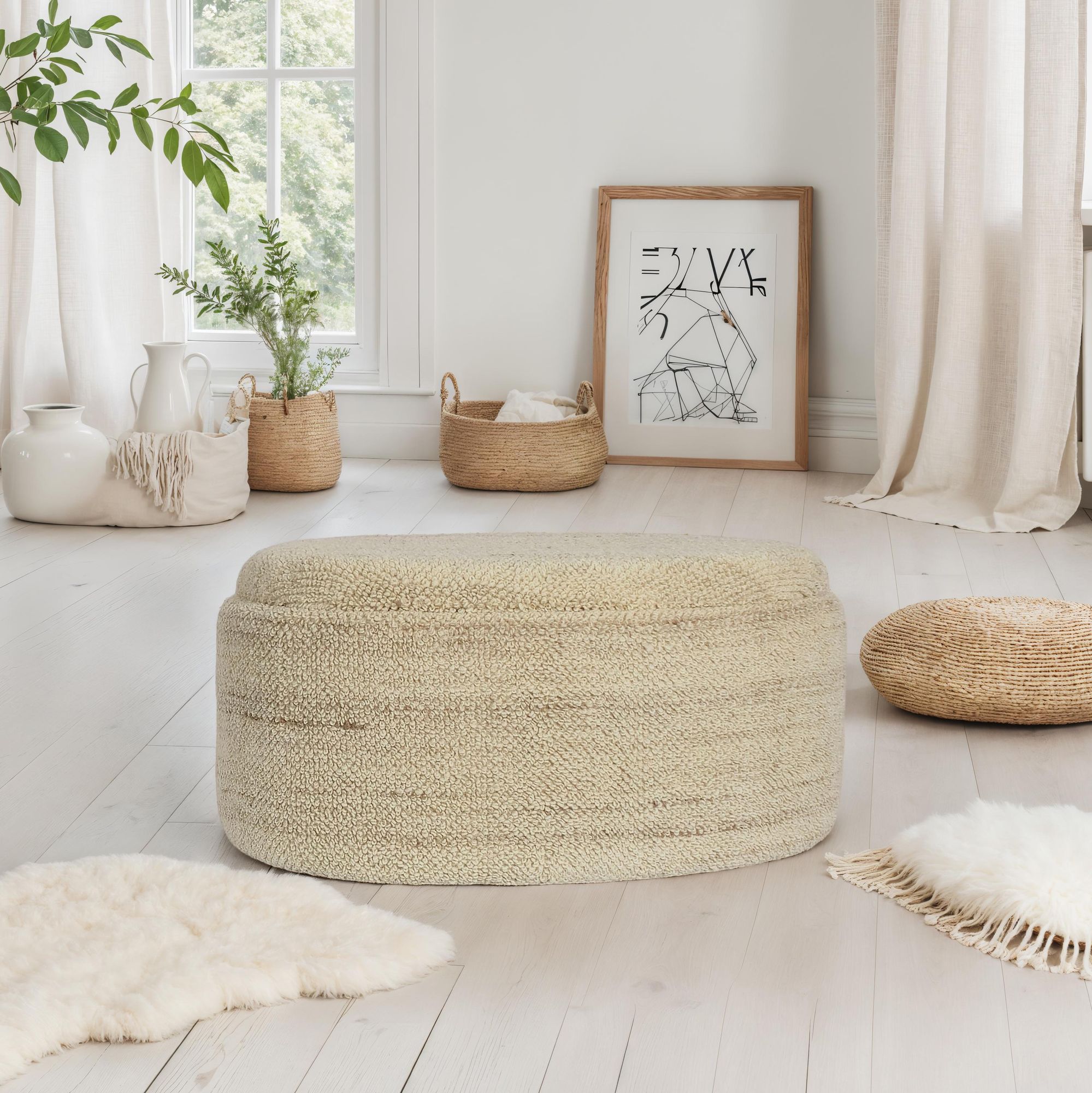 FineBuy Sitzhocker mit Stauraum Wolle oval 81 cm, abnehmbarer Deckel, Polsterhocker Stoff modern in Braun, Aufbewahrungshocker gepolstert für Wohnzimmer Schlafzimmer Flur | Farbe: Braun