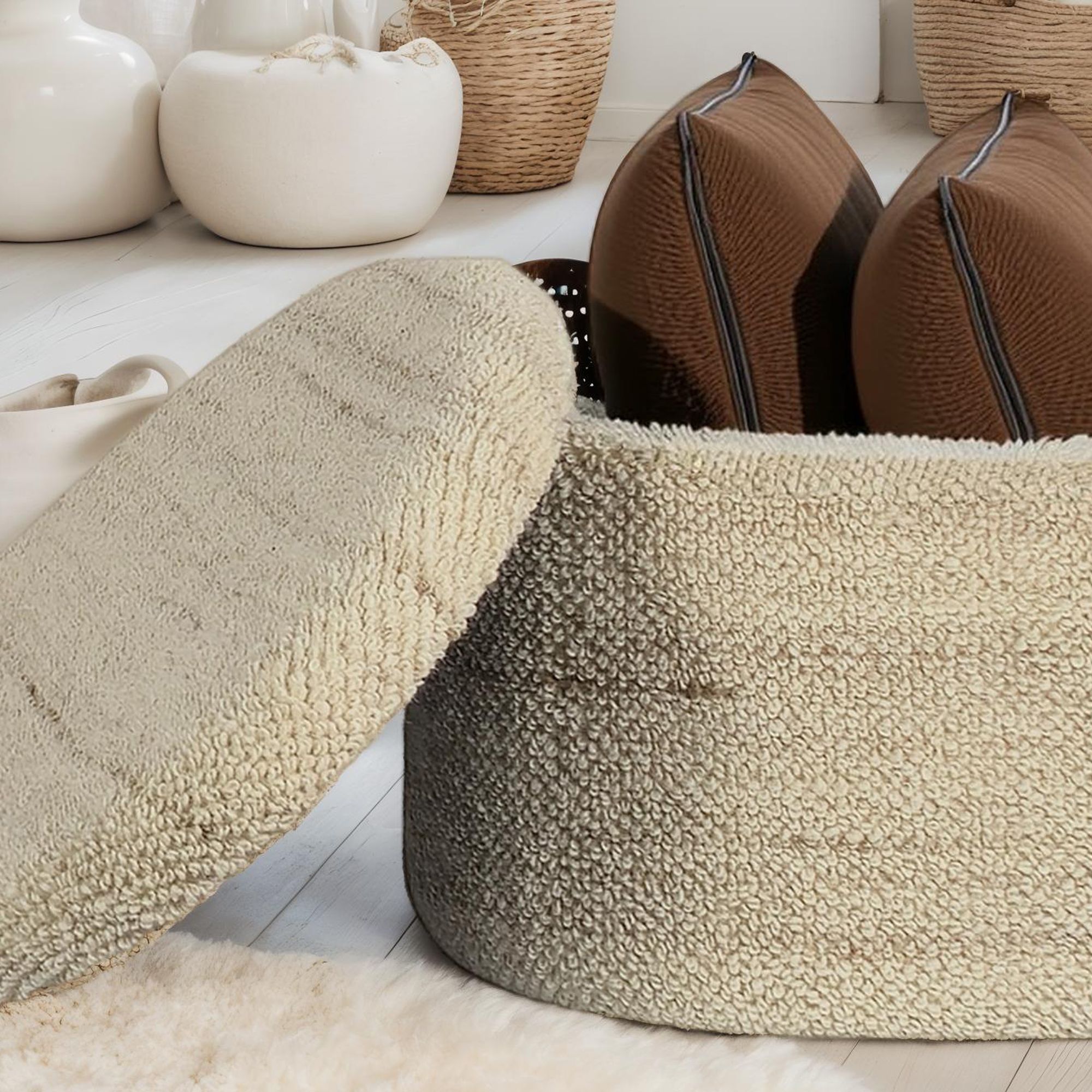 FineBuy Sitzhocker mit Stauraum Wolle oval 81 cm, abnehmbarer Deckel, Polsterhocker Stoff modern in Braun, Aufbewahrungshocker gepolstert für Wohnzimmer Schlafzimmer Flur | Farbe: Braun