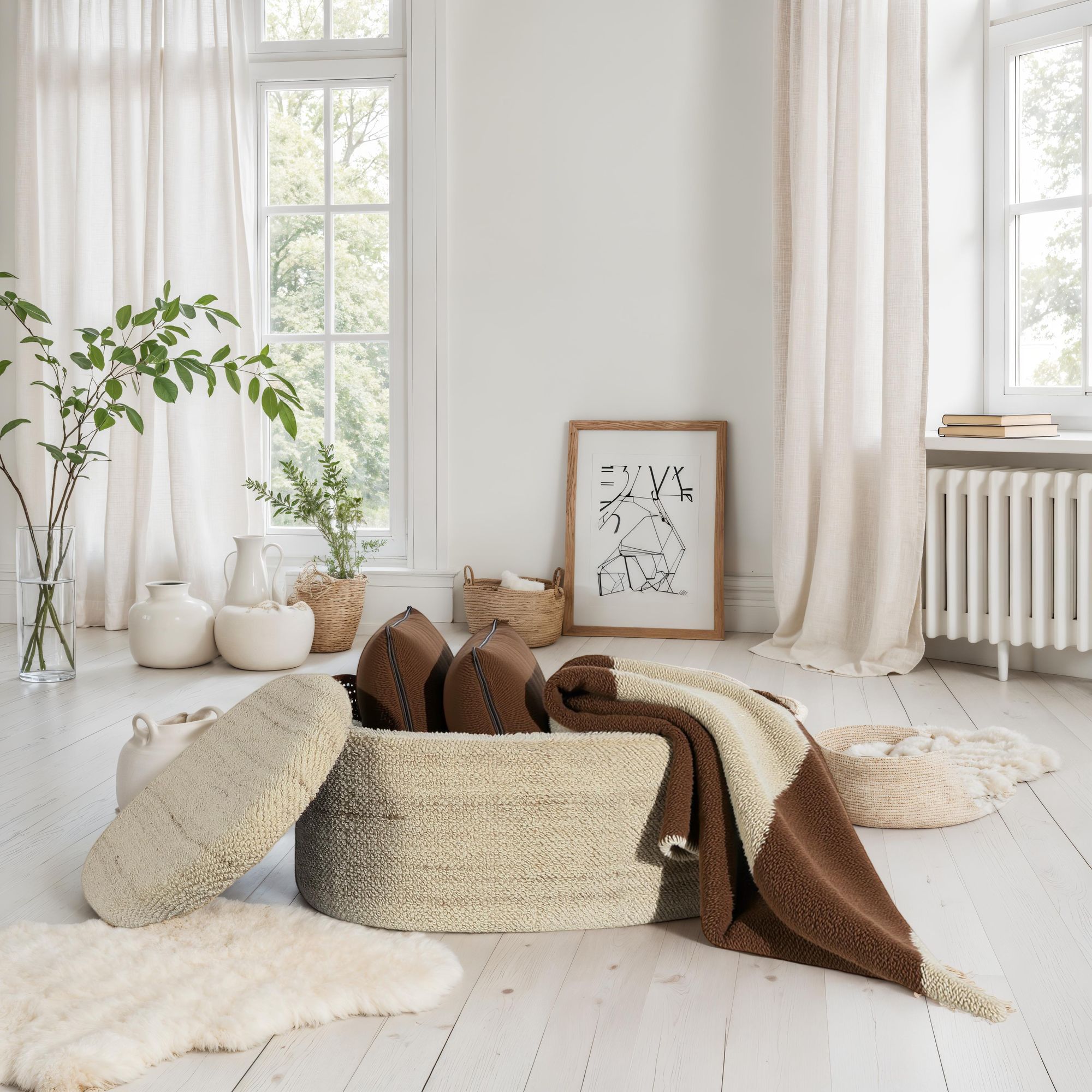 FineBuy Sitzhocker mit Stauraum Wolle oval 81 cm, abnehmbarer Deckel, Polsterhocker Stoff modern in Braun, Aufbewahrungshocker gepolstert für Wohnzimmer Schlafzimmer Flur | Farbe: Braun