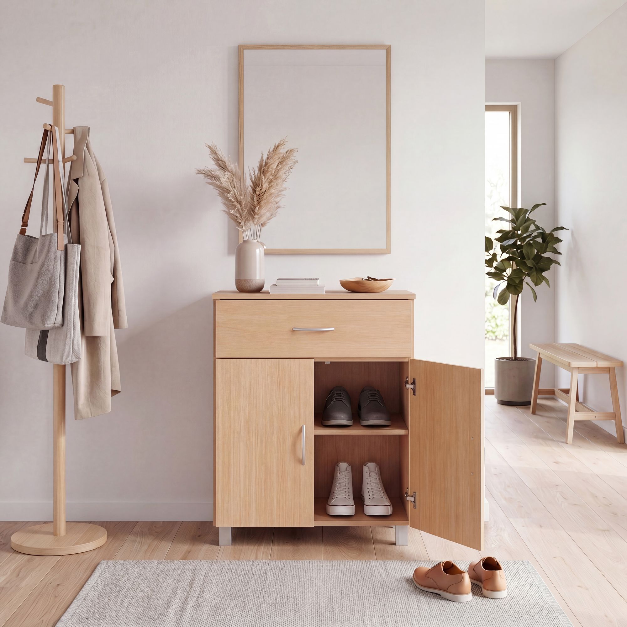 Schuhschrank FineBuy Schuhkommode Buche Optik 60 cm mit Schublade und 2 Türen – Ansicht 1