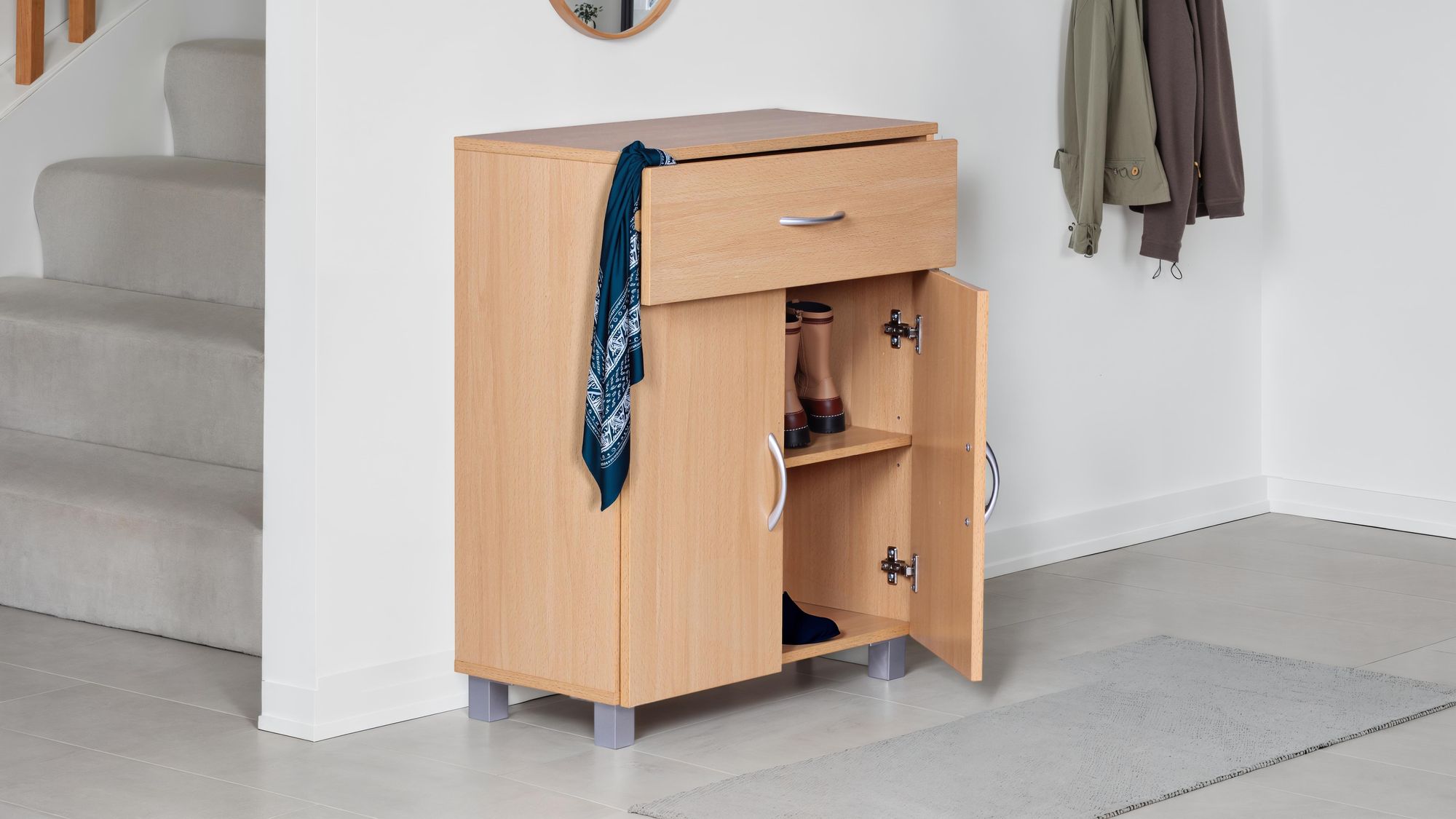 FineBuy Schuhschrank mit Schublade und 2 Türen 60×75×30 cm Buche Optik, Platzsparende Schuhkommode aus Spanplatte melaminbeschichtet, Flurmöbel Schuhregal modern | Farbe: Braun