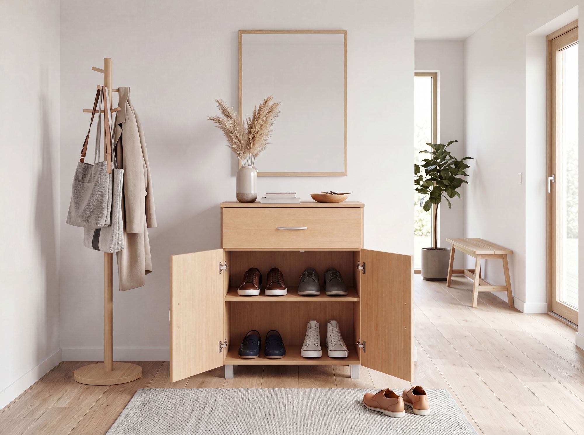 Schuhschrank FineBuy Schuhkommode Buche Optik 60 cm mit Schublade und 2 Türen – Ansicht 4