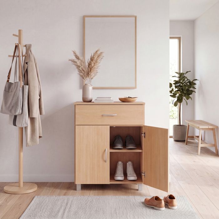 FineBuy Schuhschrank mit Schublade und 2 Türen 60×75×30 cm Buche Optik, Platzsparende Schuhkommode aus Spanplatte melaminbeschichtet, Flurmöbel Schuhregal modern