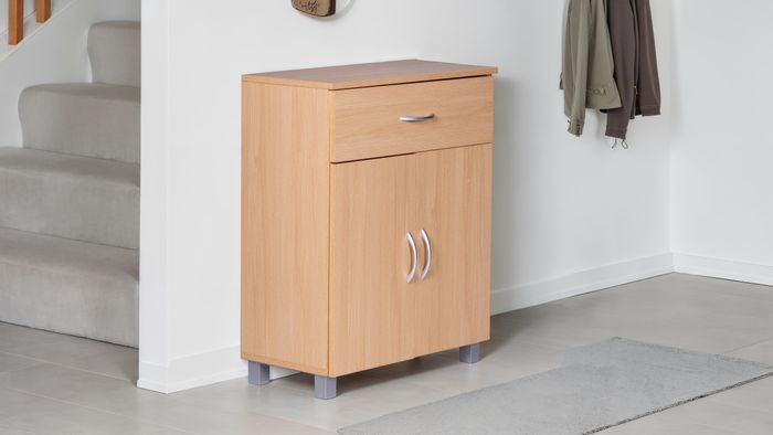 FineBuy Schuhschrank mit Schublade und 2 Türen 60×75×30 cm Buche Optik, Platzsparende Schuhkommode aus Spanplatte melaminbeschichtet, Flurmöbel Schuhregal modern
