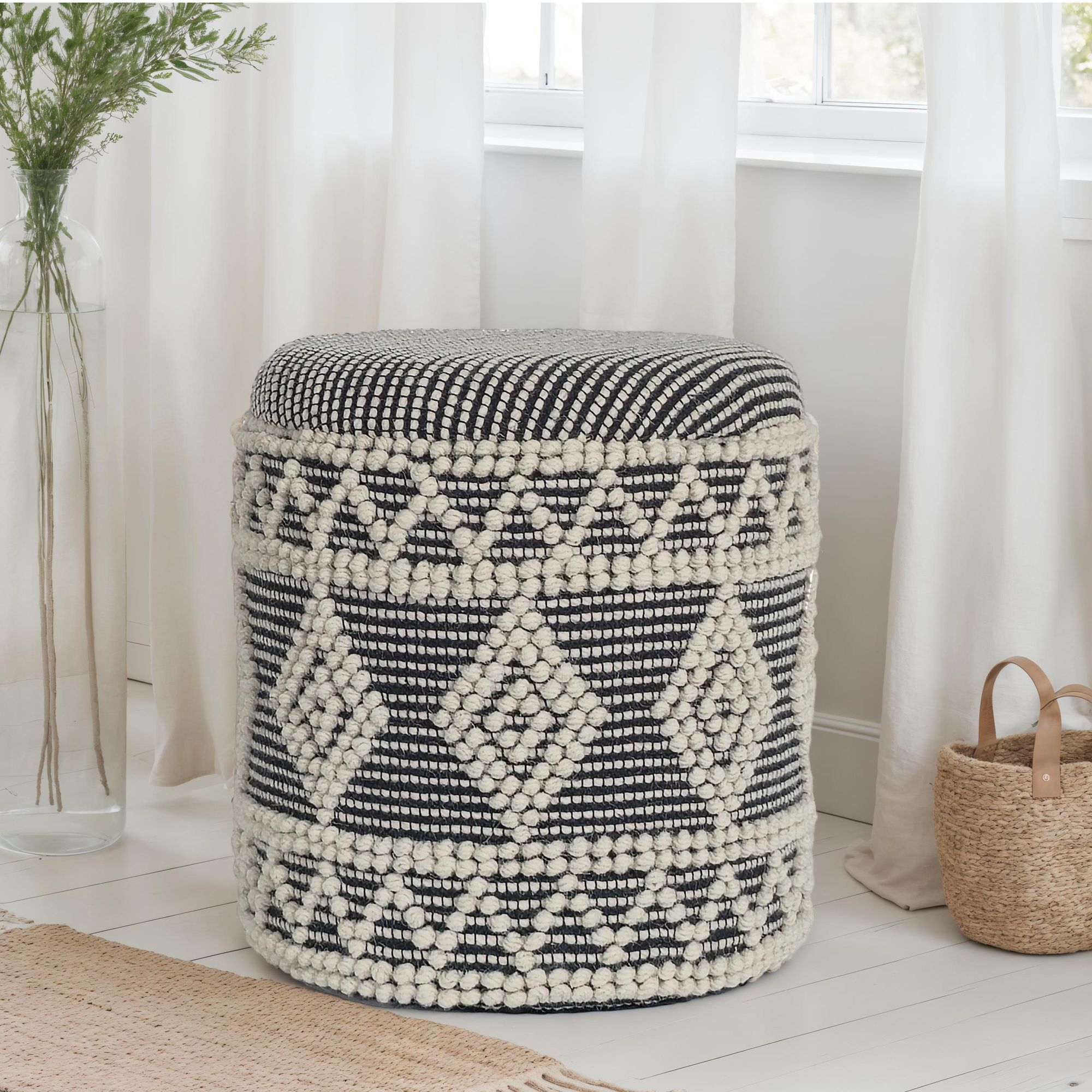 FineBuy Sitzhocker aus Wolle Ø 40 x 45 cm Grau-Creme Rund Boho Hocker mit Stauraum & abnehmbarem Deckel, Polsterhocker Modern für Wohnzimmer Schlafzimmer Flur | Farbe: Grau