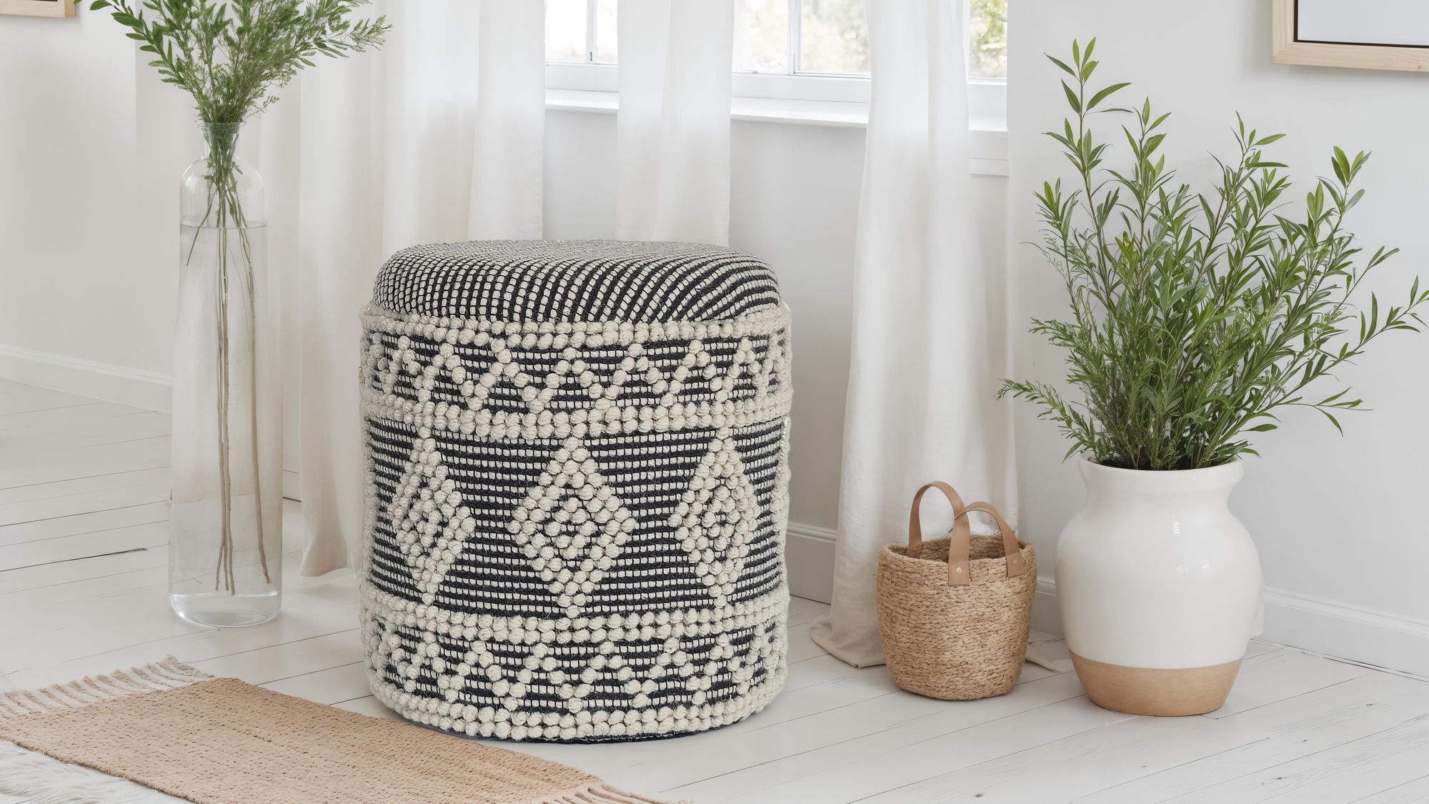 FineBuy Sitzhocker aus Wolle Ø 40 x 45 cm Grau-Creme Rund Boho Hocker mit Stauraum & abnehmbarem Deckel, Polsterhocker Modern für Wohnzimmer Schlafzimmer Flur | Farbe: Grau