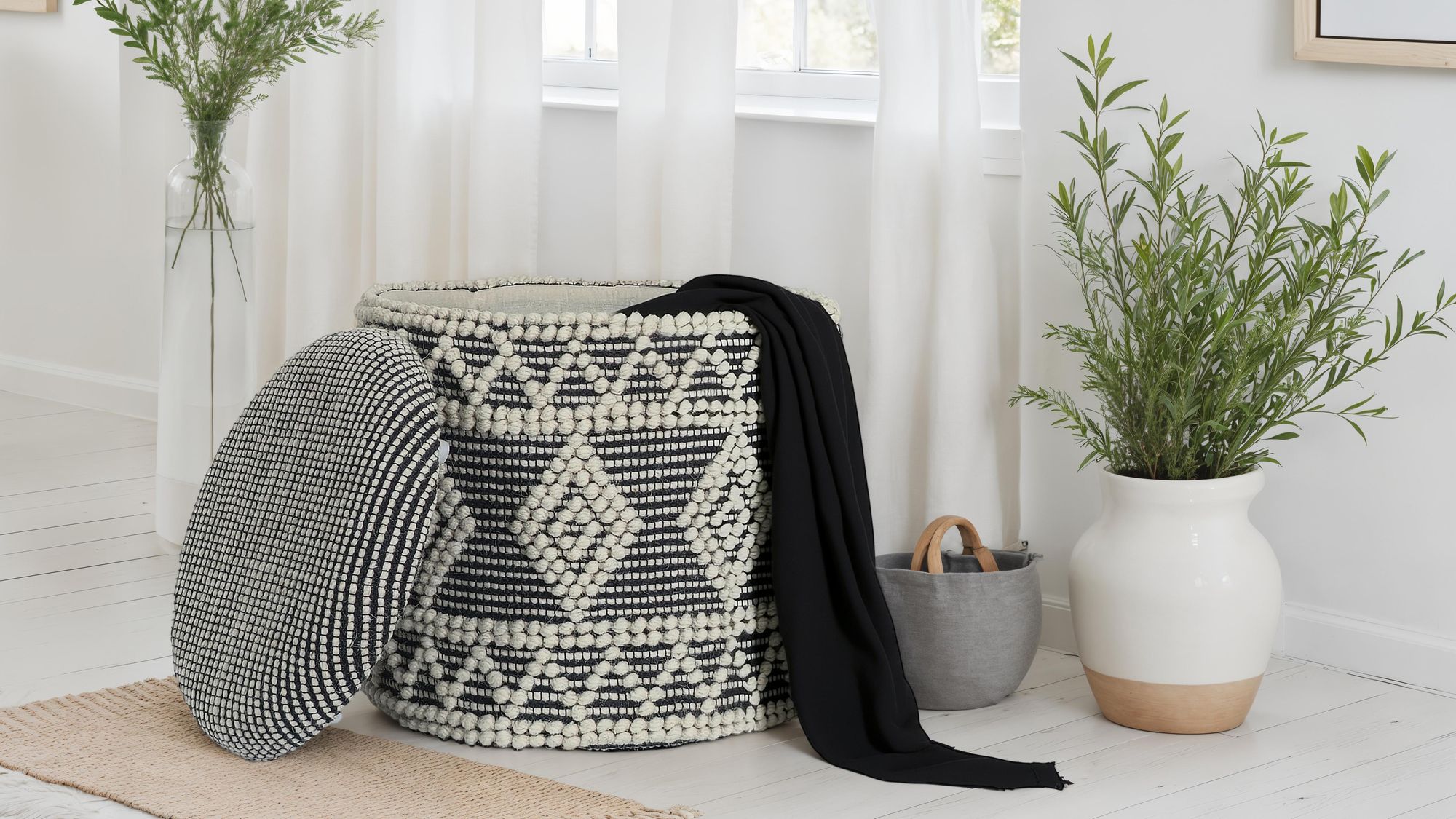 FineBuy Sitzhocker aus Wolle Ø 40 x 45 cm Grau-Creme Rund Boho Hocker mit Stauraum & abnehmbarem Deckel, Polsterhocker Modern für Wohnzimmer Schlafzimmer Flur | Farbe: Grau