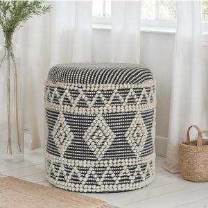 FB111618 FineBuy Sitzhocker aus Wolle Ø 40 x 45 cm Grau-Creme Rund Boho Hocker mit Stauraum & abnehmbarem Deckel, Polsterhocker Modern für Wohnzimmer Schlafzimmer Flur