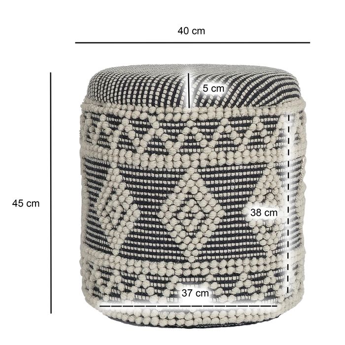 Sitzhocker FineBuy Polsterhocker Wolle Rund Grau 40 cm Boho Hocker mit Stauraum – Maßzeichnung