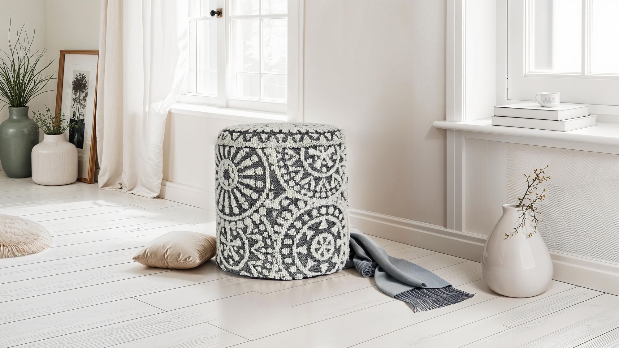 FineBuy Sitzhocker rund Ø 40 × 45 cm Grau-Creme aus Wolle mit Stauraum, abnehmbarer Deckel, Fußhocker im Boho Design, Aufbewahrungshocker für Wohnzimmer Schlafzimmer Flur | Farbe: Grau