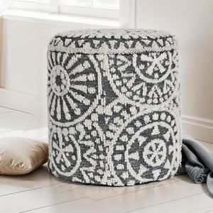 FineBuy Sitzhocker rund Ø 40 × 45 cm Grau-Creme aus Wolle mit Stauraum, abnehmbarer Deckel, Fußhocker im Boho Design, Aufbewahrungshocker für Wohnzimmer Schlafzimmer Flur