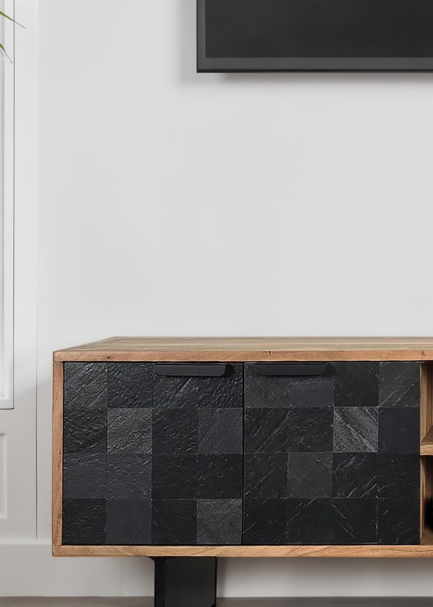 FineBuy Lowboard Akazie Massivholz 150 cm, TV Board mit Steinoptik Fronten & Metallgestell, Fernsehtisch modern mit Stauraum & Kabeldurchführung, TV Schrank Design Industrial für Wohnzimmer | Farbe: Schwarz