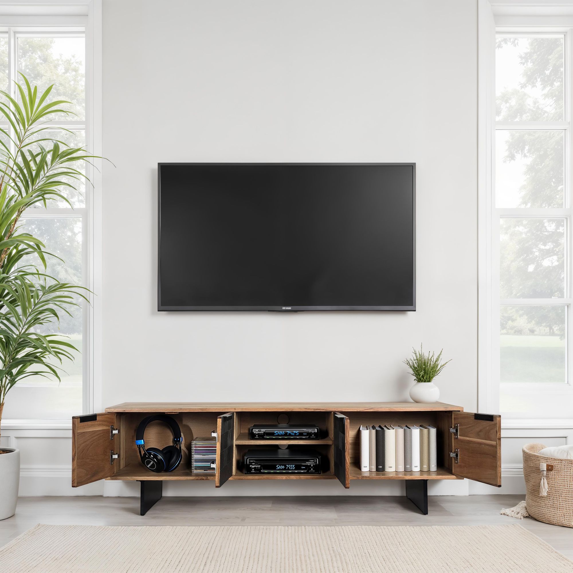 FineBuy Lowboard Akazie Massivholz 150 cm, TV Board mit Steinoptik Fronten & Metallgestell, Fernsehtisch modern mit Stauraum & Kabeldurchführung, TV Schrank Design Industrial für Wohnzimmer | Farbe: Schwarz