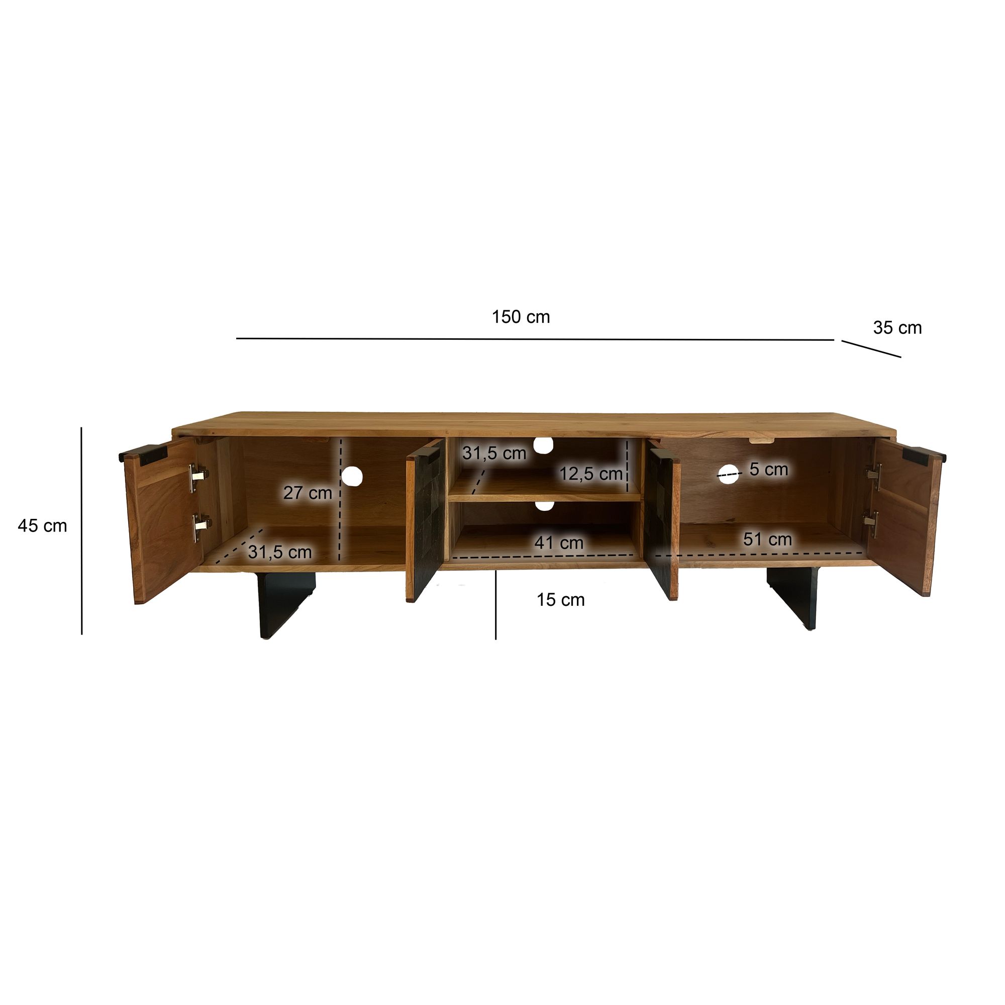 FineBuy Lowboard Akazie Massivholz 150 cm, TV Board mit Steinoptik Fronten & Metallgestell, Fernsehtisch modern mit Stauraum & Kabeldurchführung, TV Schrank Design Industrial für Wohnzimmer | Farbe: Schwarz