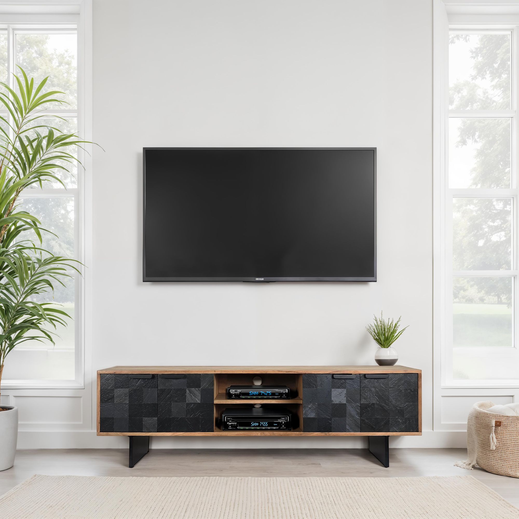 FineBuy Lowboard Akazie Massivholz 150 cm, TV Board mit Steinoptik Fronten & Metallgestell, Fernsehtisch modern mit Stauraum & Kabeldurchführung, TV Schrank Design Industrial für Wohnzimmer | Farbe: Schwarz