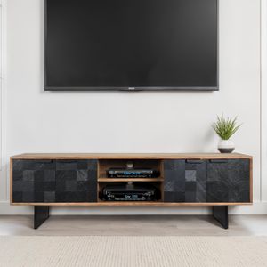 FineBuy Lowboard Akazie Massivholz 150 cm, TV Board mit Steinoptik Fronten & Metallgestell, Fernsehtisch modern mit Stauraum & Kabeldurchführung, TV Schrank Design Industrial für Wohnzimmer
