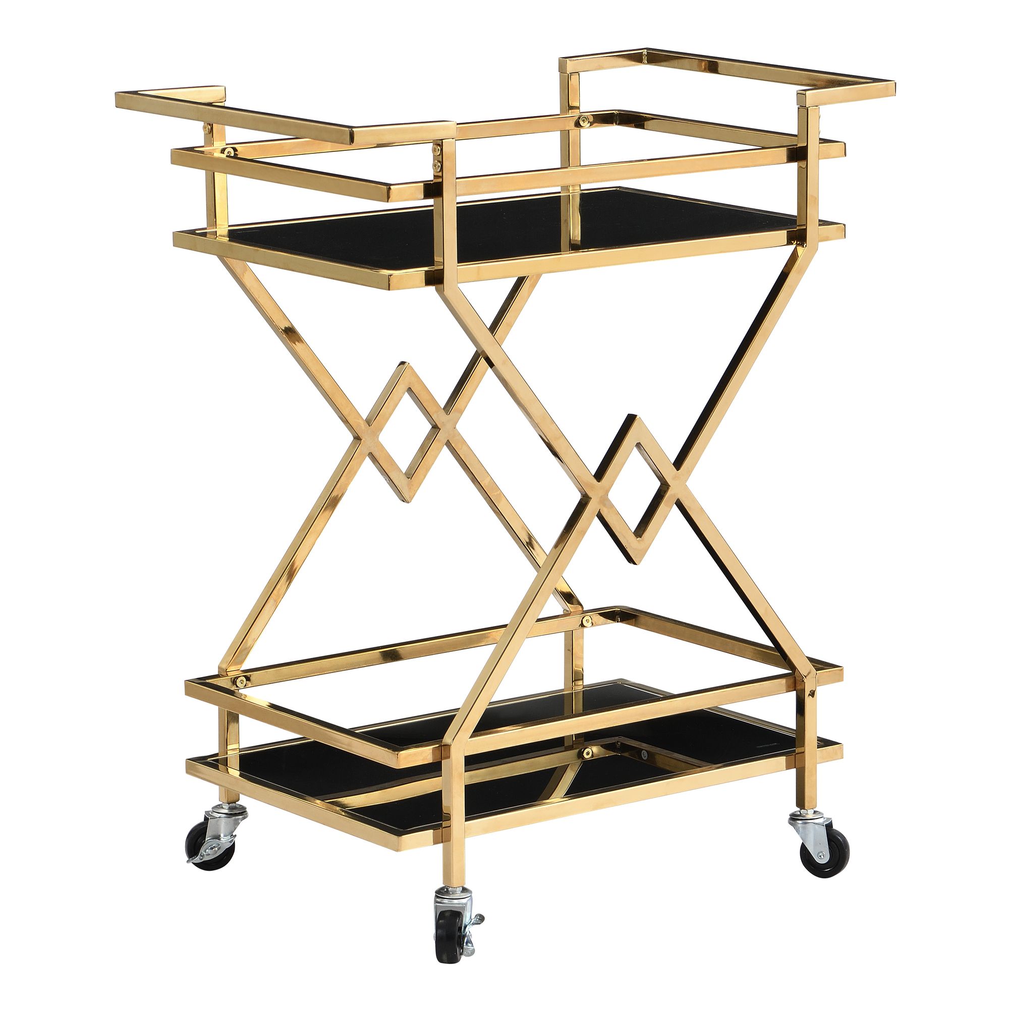 FineBuy Servierwagen Gold mit Glasablagen 65x80x40 cm, Moderner Barwagen auf Rollen, Design Getränkewagen & Teewagen Metall Schwarz Gold für Wohnzimmer Küche Esszimmer Rollwagen Multifunktional | Farbe: Gold