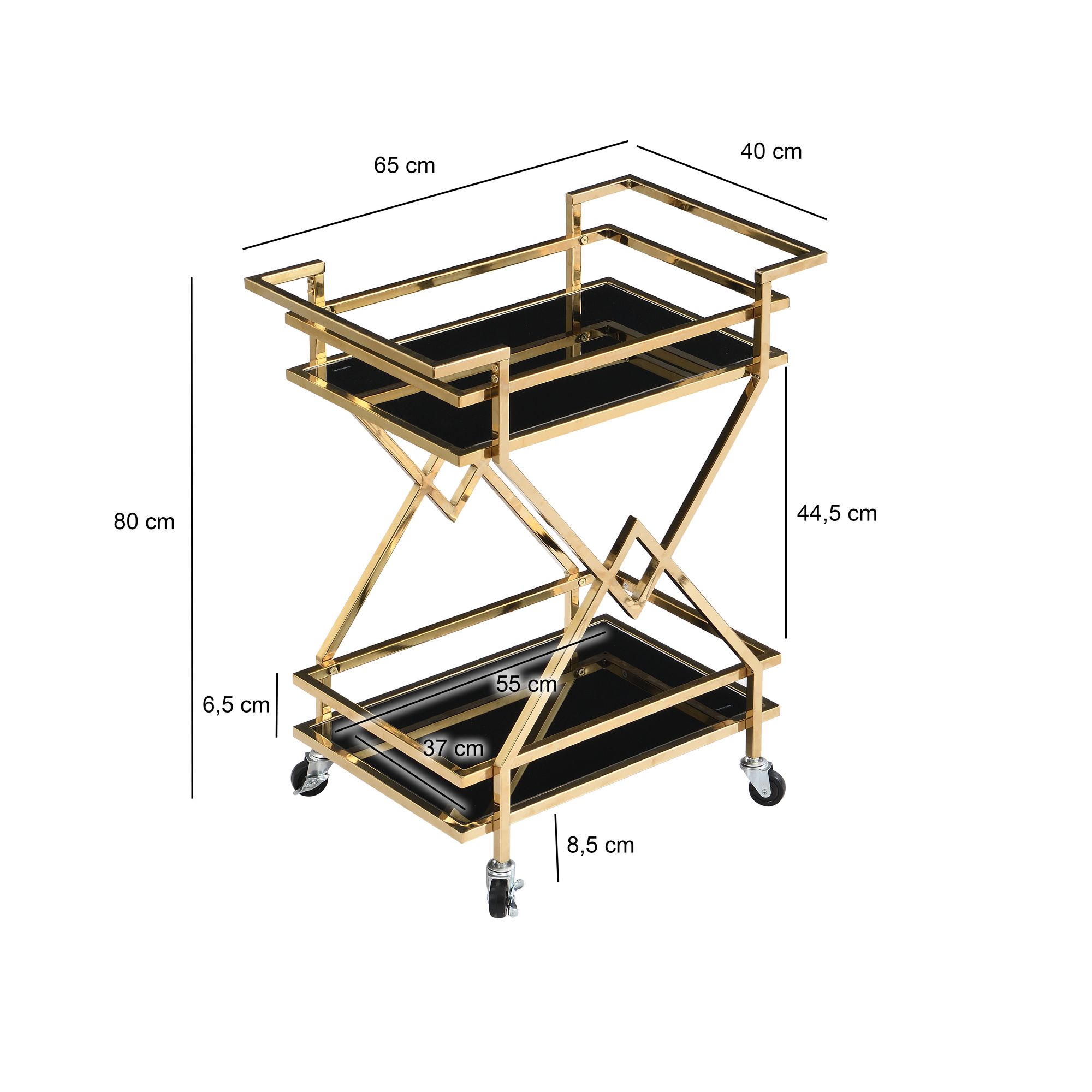 FineBuy Servierwagen Gold mit Glasablagen 65x80x40 cm, Moderner Barwagen auf Rollen, Design Getränkewagen & Teewagen Metall Schwarz Gold für Wohnzimmer Küche Esszimmer Rollwagen Multifunktional | Farbe: Gold