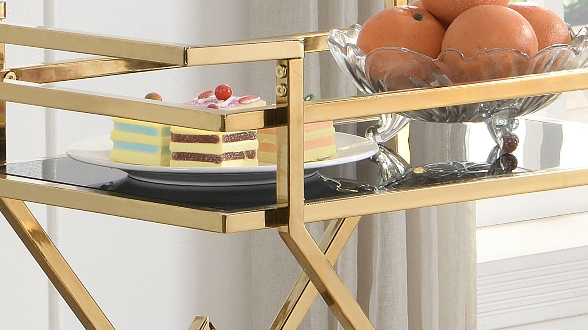 FineBuy Servierwagen Gold mit Glasablagen 65x80x40 cm, Moderner Barwagen auf Rollen, Design Getränkewagen & Teewagen Metall Schwarz Gold für Wohnzimmer Küche Esszimmer Rollwagen Multifunktional | Farbe: Gold