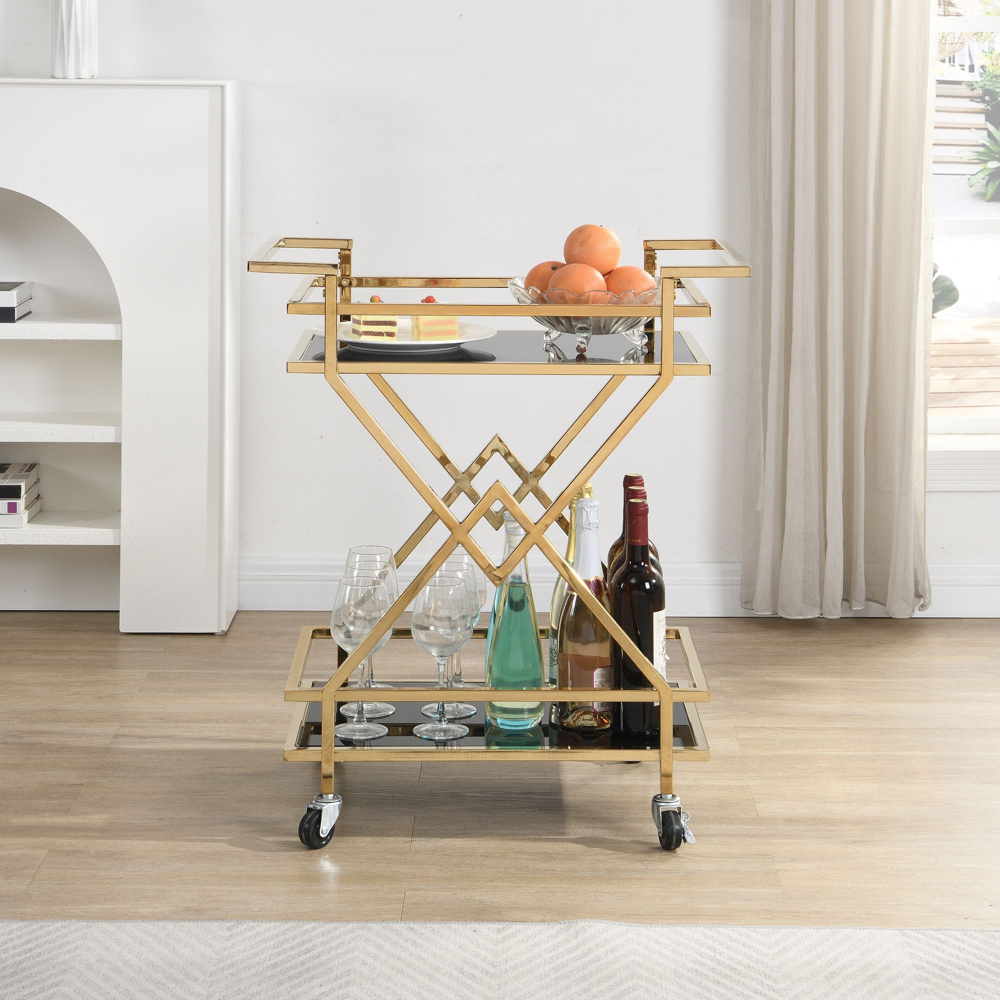 FineBuy Servierwagen Gold mit Glasablagen 65x80x40 cm, Moderner Barwagen auf Rollen, Design Getränkewagen & Teewagen Metall Schwarz Gold für Wohnzimmer Küche Esszimmer Rollwagen Multifunktional | Farbe: Gold