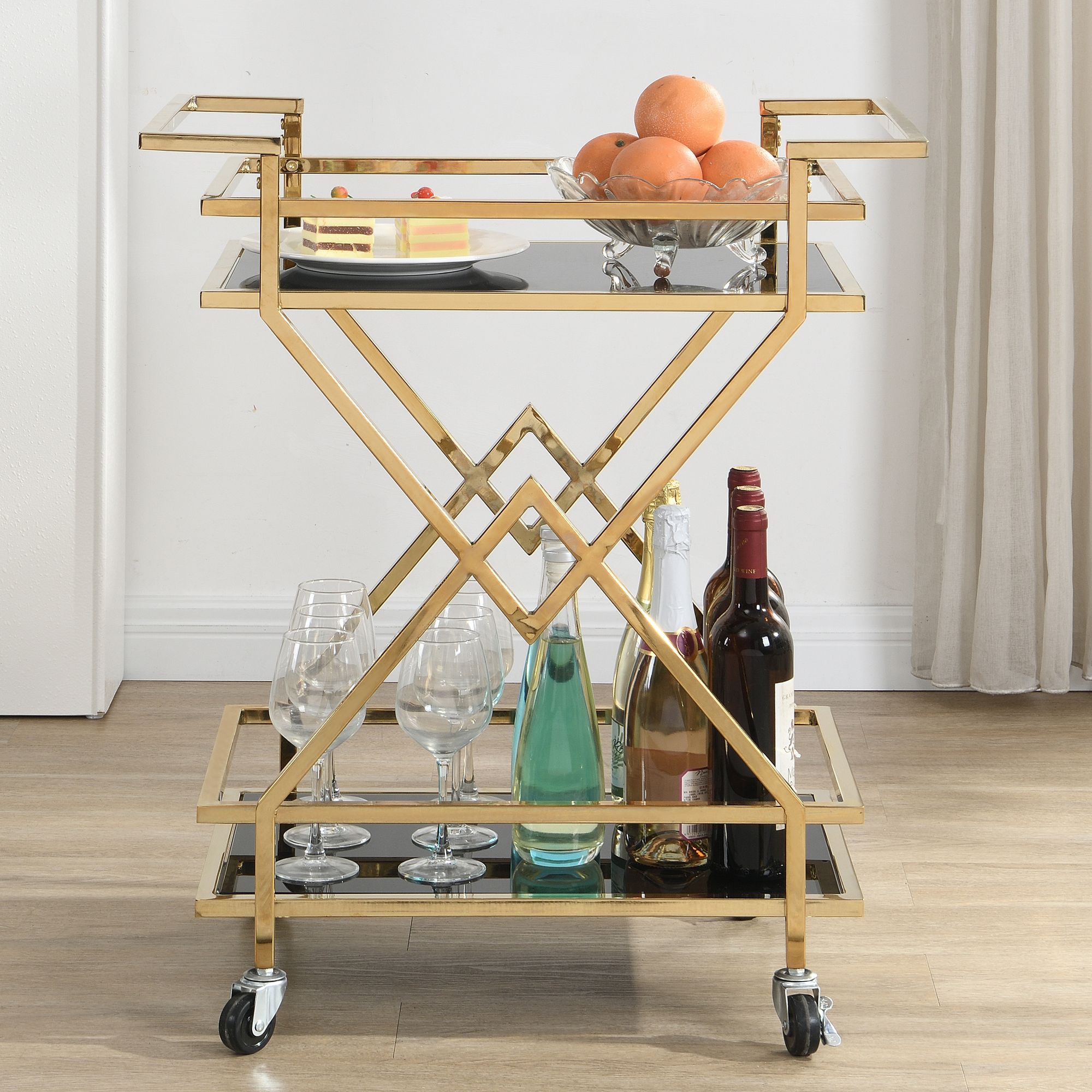FineBuy Servierwagen Gold mit Glasablagen 65x80x40 cm, Moderner Barwagen auf Rollen, Design Getränkewagen & Teewagen Metall Schwarz Gold für Wohnzimmer Küche Esszimmer Rollwagen Multifunktional | Farbe: Gold
