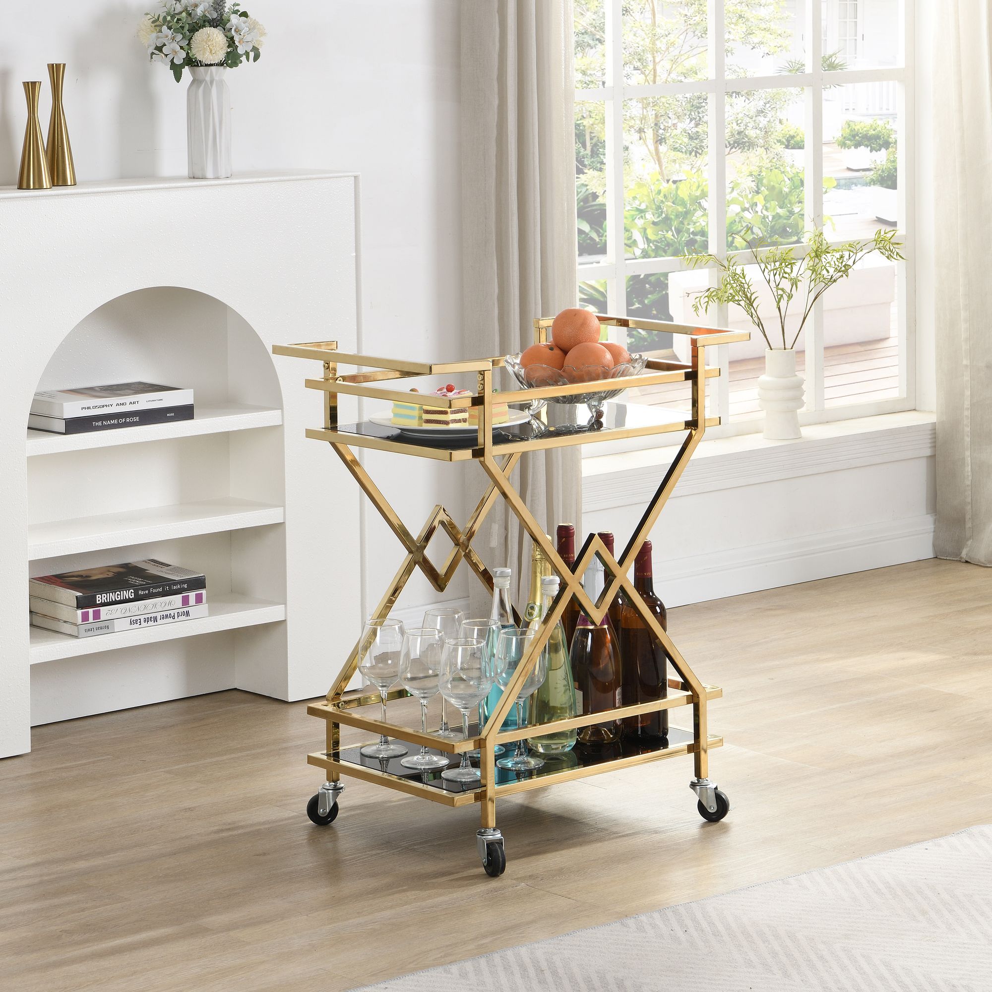 FineBuy Servierwagen Gold mit Glasablagen 65x80x40 cm, Moderner Barwagen auf Rollen, Design Getränkewagen & Teewagen Metall Schwarz Gold für Wohnzimmer Küche Esszimmer Rollwagen Multifunktional | Farbe: Gold
